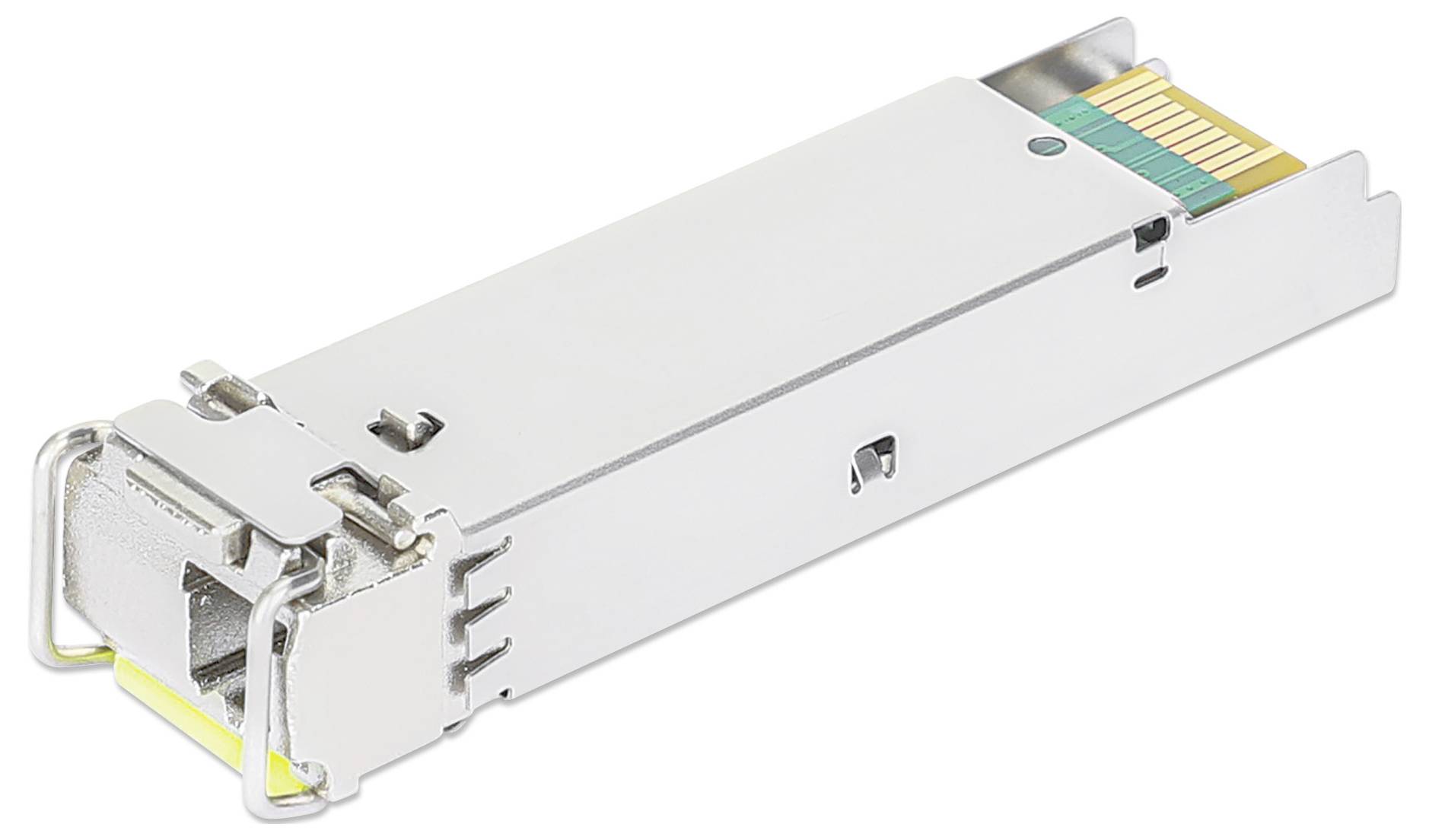 Metalowy moduł sieciowy w prostokątnej obudowie z interfejsem i stykami w kolorze złotym, przeznaczony do transmisji danych w sieciach.