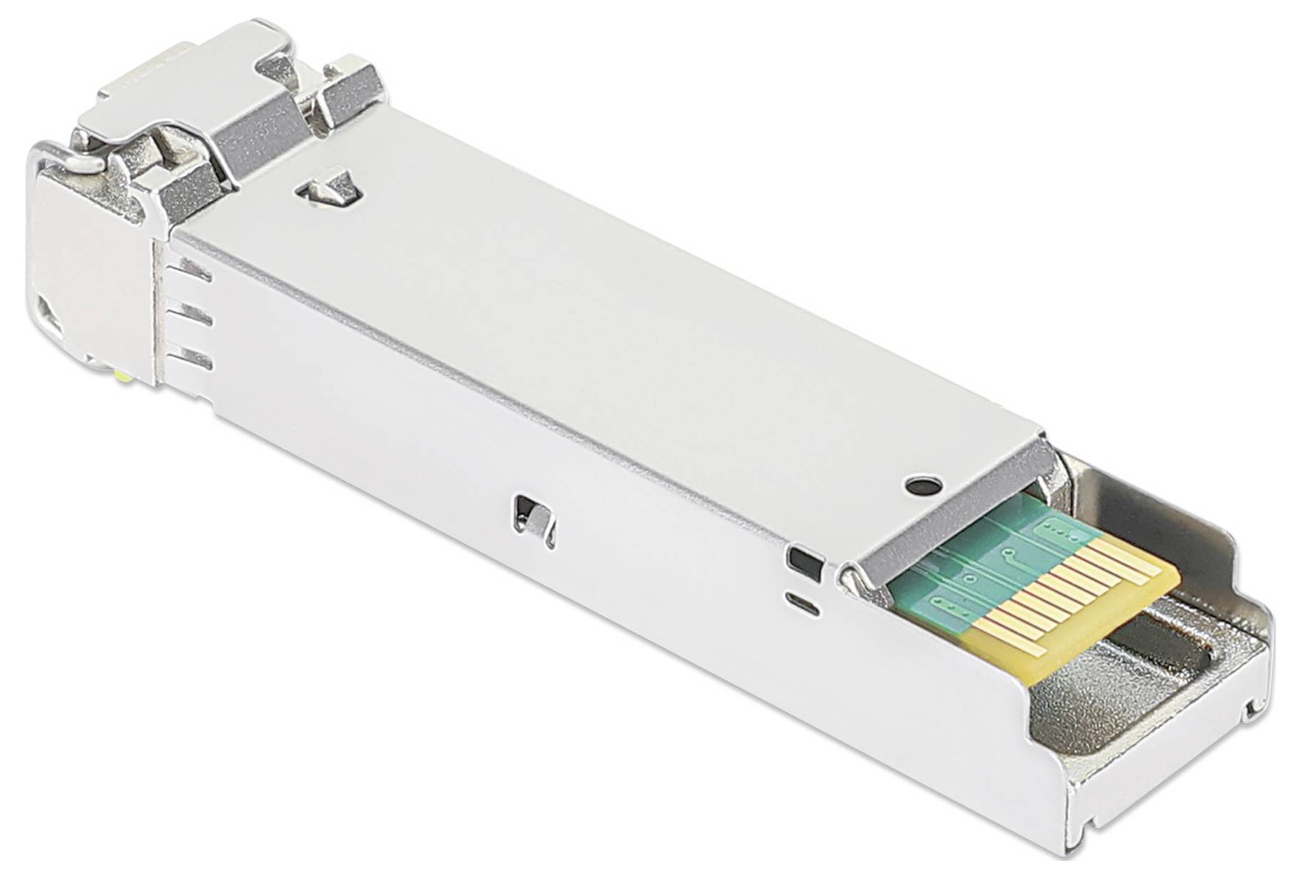 Srebrny moduł optyczny SFP, używany do połączeń sieciowych, leży na białej powierzchni.