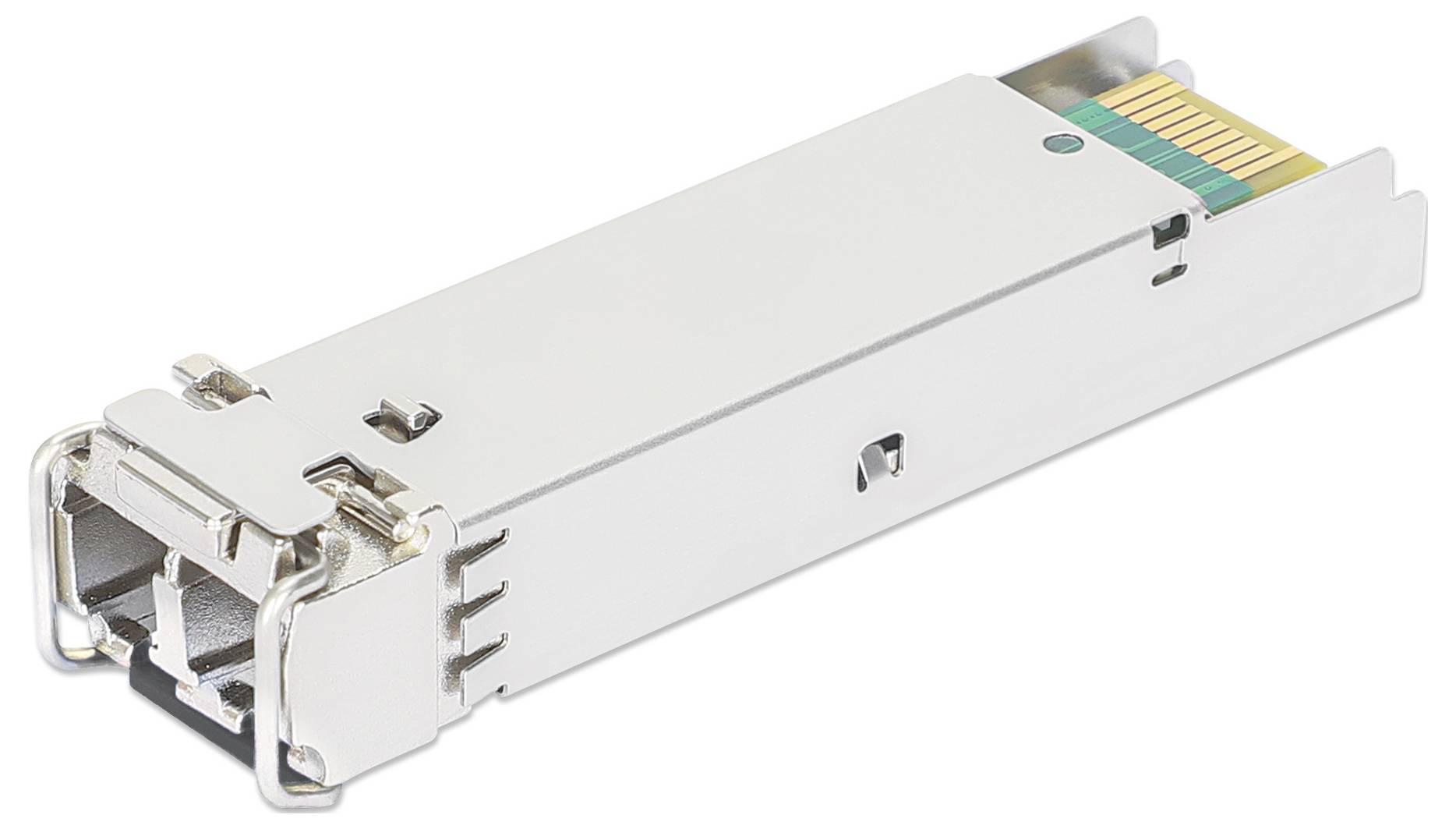 Moduł SFP do sieci optycznych, prostokątny i srebrny, ze złotymi stykami i złączami, na białym tle.