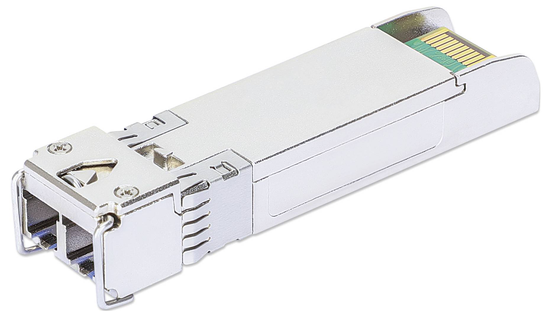 Srebrny moduł transponderowy SFP o prostokątnym kształcie, stosowany w połączeniach sieciowych.