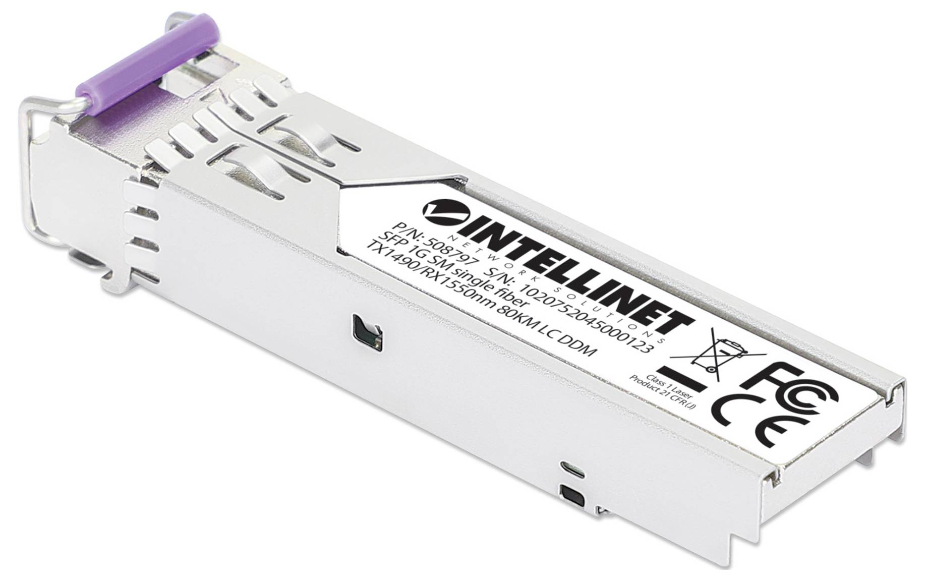 Srebrny moduł SFP Intellinet z etykietą przedstawiającą szczegóły techniczne i certyfikaty, srebrna obudowa z fioletowymi zaczepami.