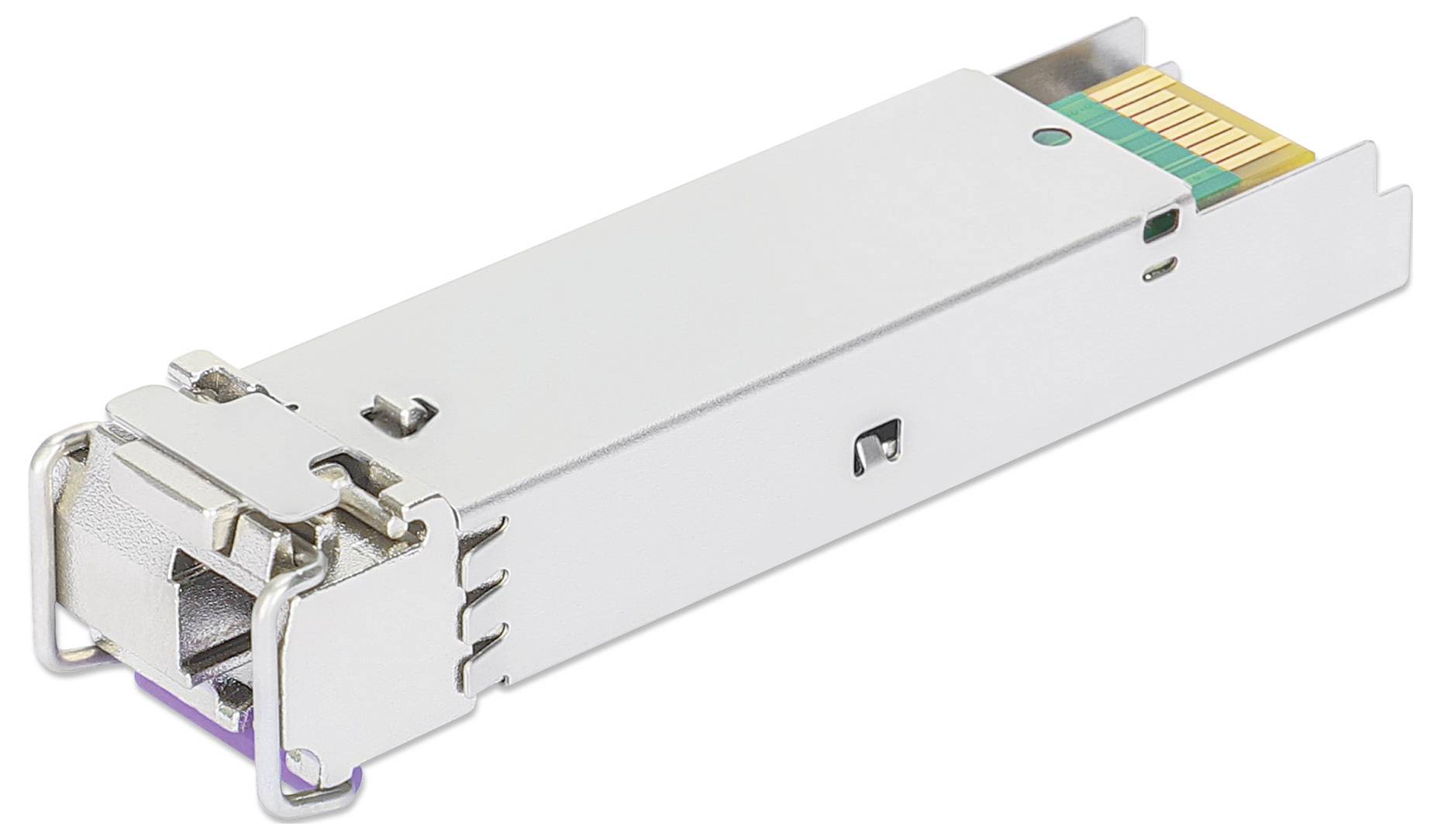 Prostokątny, metalowy moduł SFP z przyłączami po obu stronach, stosowany w urządzeniach sieciowych do transmisji danych.