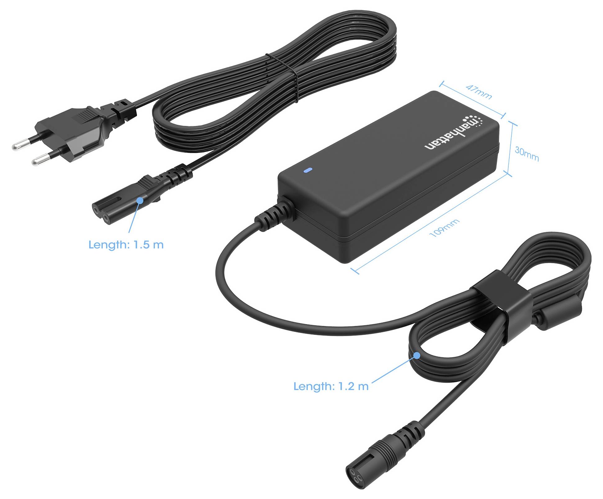 Adapter prądowy z dwoma przewodami. Jeden o długości 1,5 m z wtyczką dwubiegunową, drugi o długości 1,2 m z okrągłym złączem. Wymiary adaptera: 47x30x110 mm.