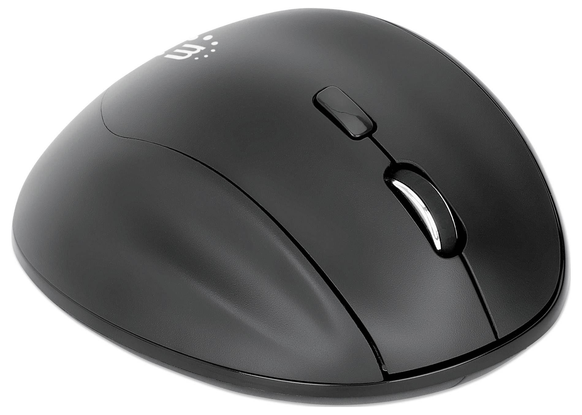 Czarna, bezprzewodowa mysz komputerowa z dwoma przyciskami i rolką przewijania, odpowiednia do codziennego użytku przy komputerze.