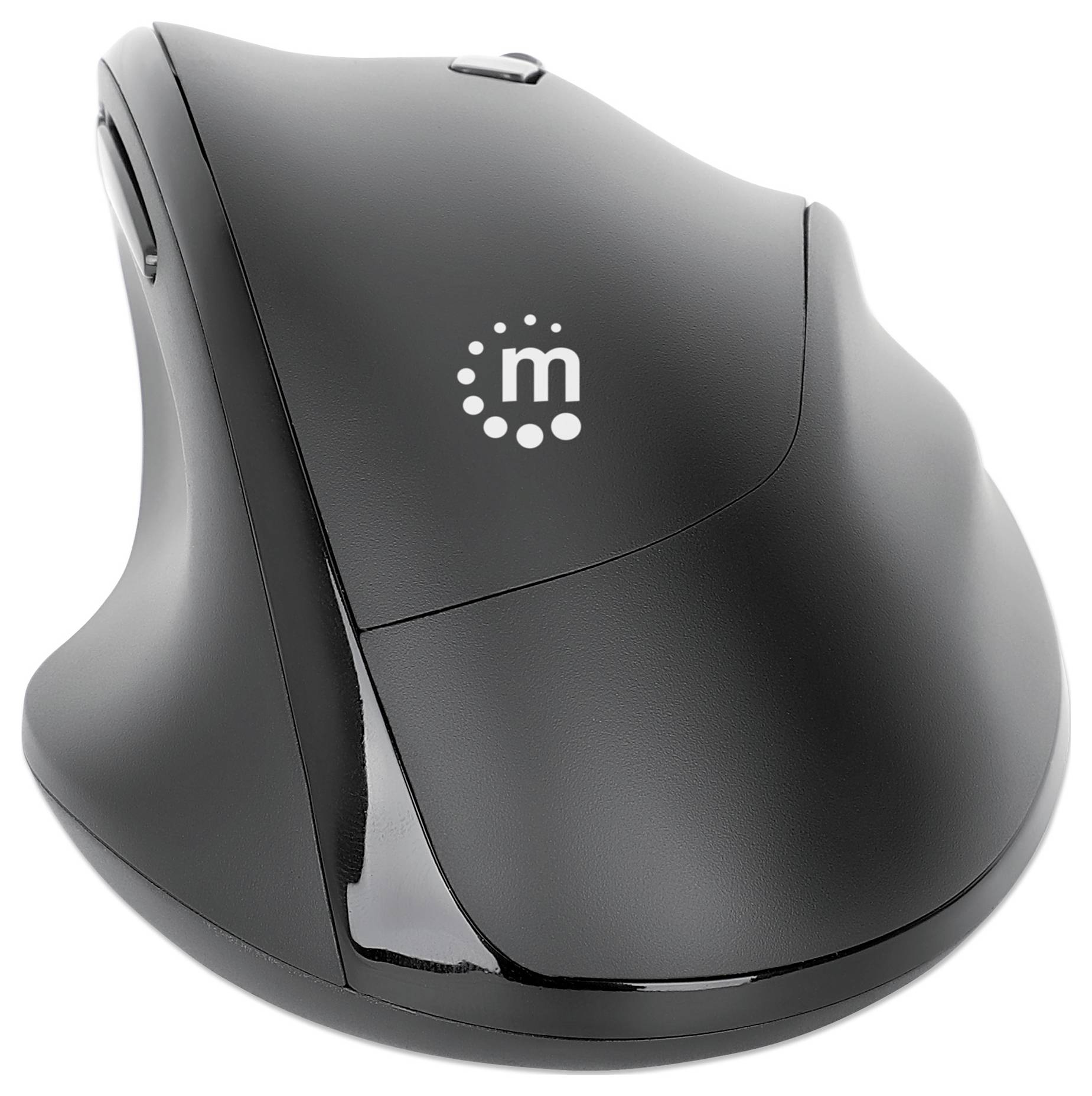 Ergonomiczna czarna mysz komputerowa o zakrzywionym kształcie z dodatkowym przyciskiem bocznym, idealna do wygodnej pracy przy komputerze.