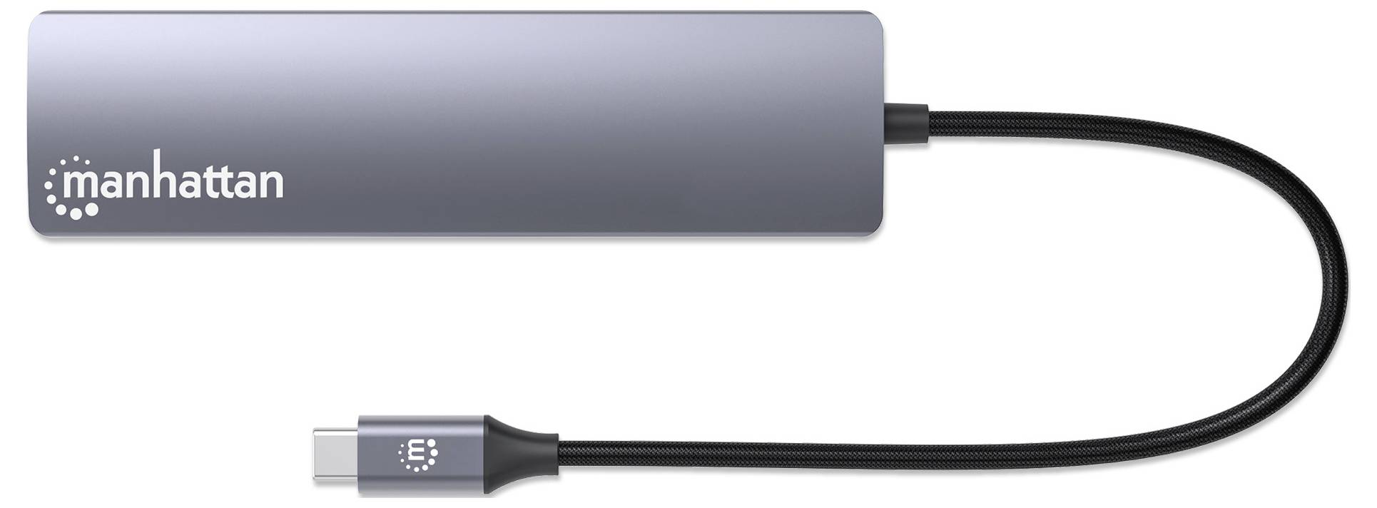 Szary hub USB-C firmy 'Manhattan' z wieloma portami i krótkim przewodem, przeznaczony do rozszerzonej łączności.