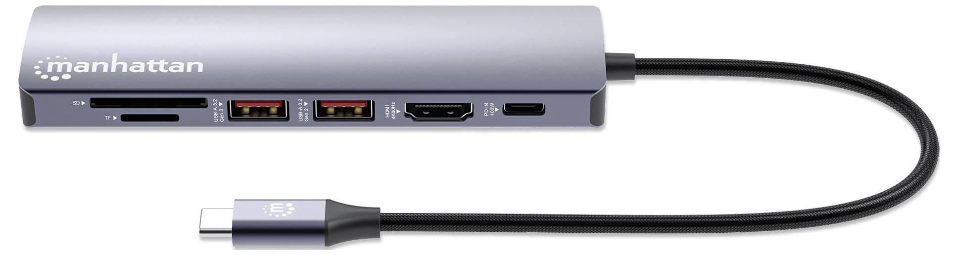 Srebrny hub USB-C z wieloma portami, w tym USB, HDMI i czytnikiem kart, podłączony przewodem.