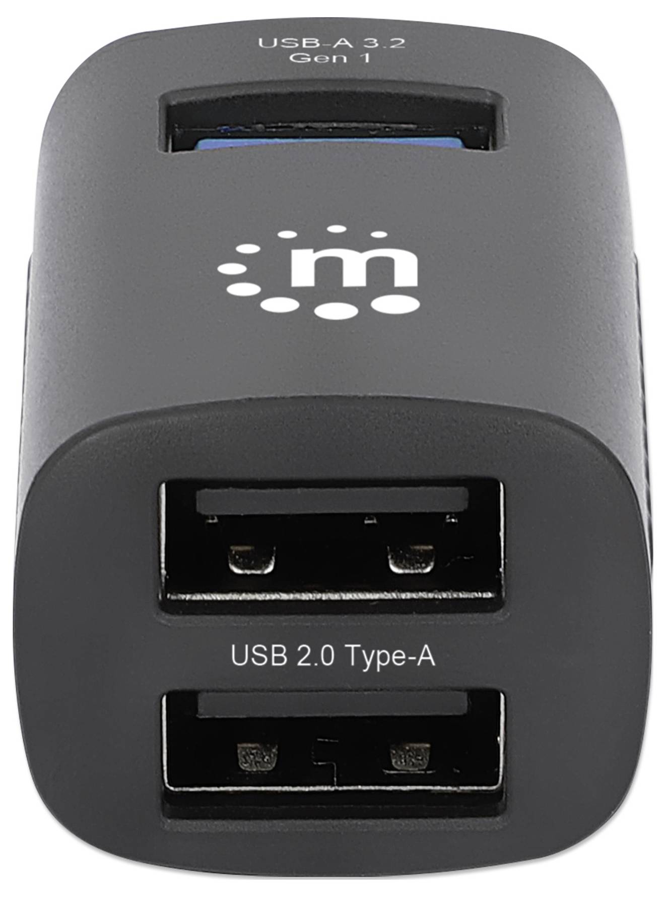 Hub USB z dwoma portami: górny USB 3.2 Gen 1, dolny USB 2.0 Type-A. Urządzenie jest szare z logo w postaci wzoru z punktów.