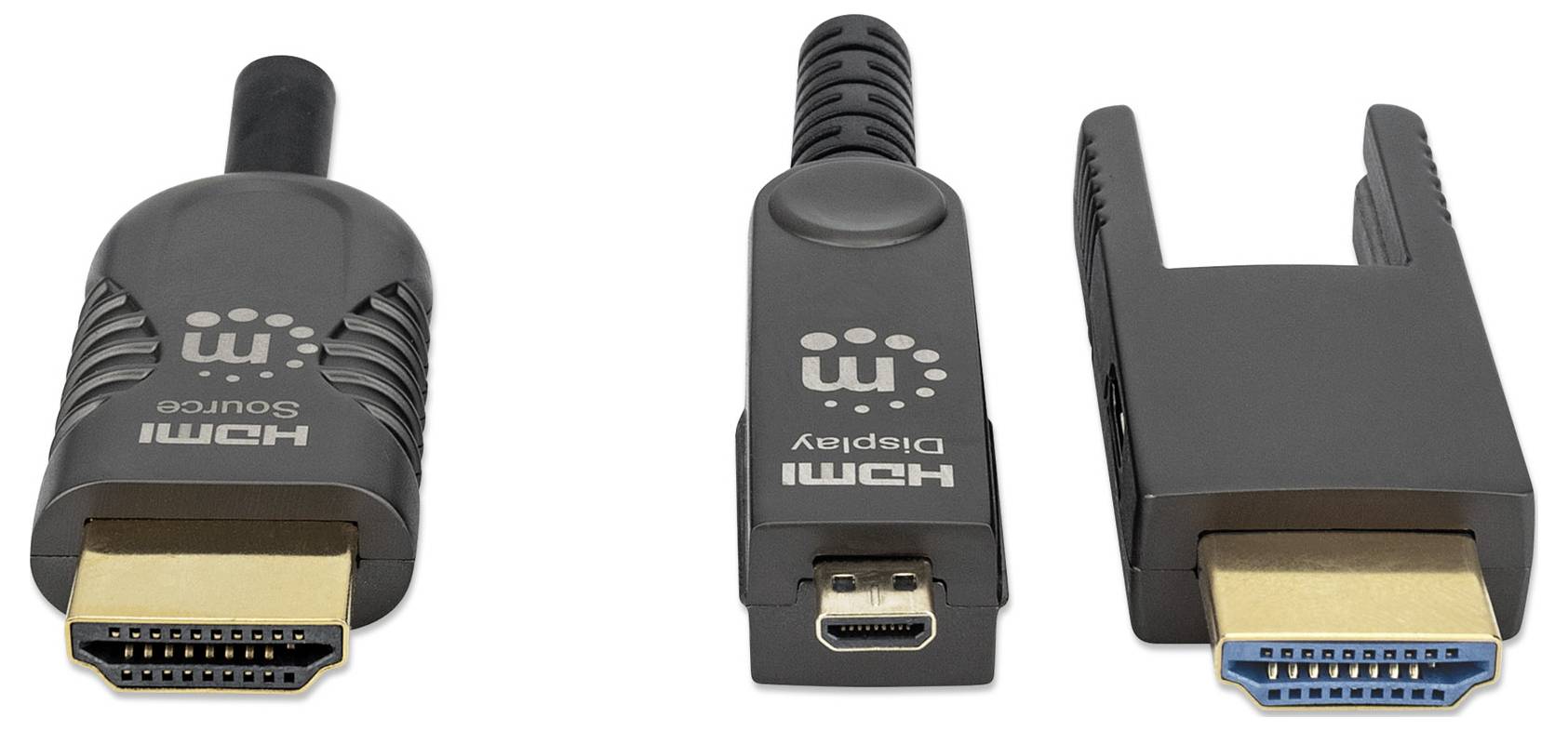 Trzy różne wtyczki HDMI w kolorze czarnym na białym tle, każda oznaczona odpowiednio: 'Źródło', 'Wyświetlacz' oraz wtyczka bez opisu.