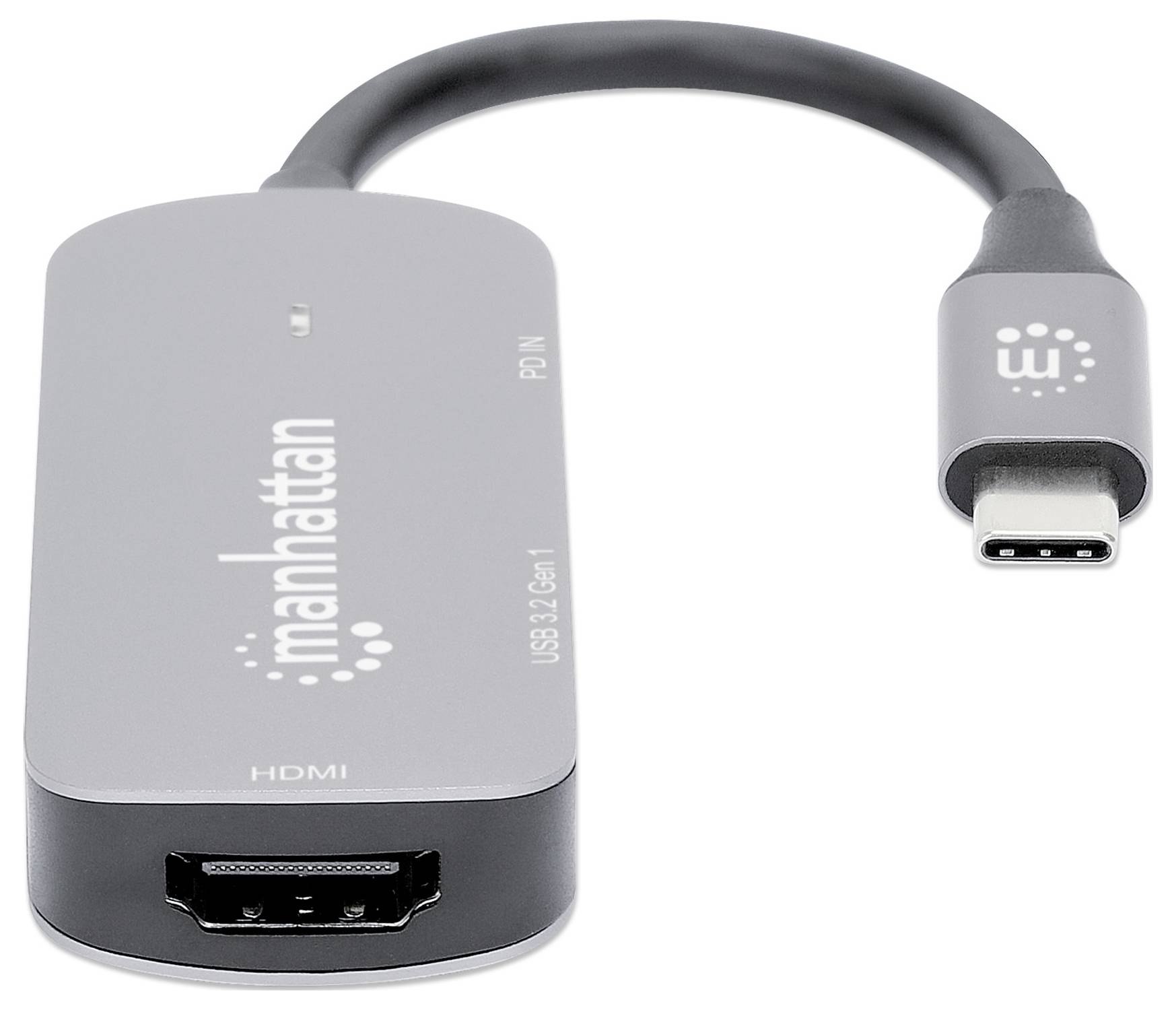 Adapter USB-C na HDMI firmy Manhattan w kolorze szarym, umożliwiający podłączenie urządzeń HDMI do złączy USB-C.
