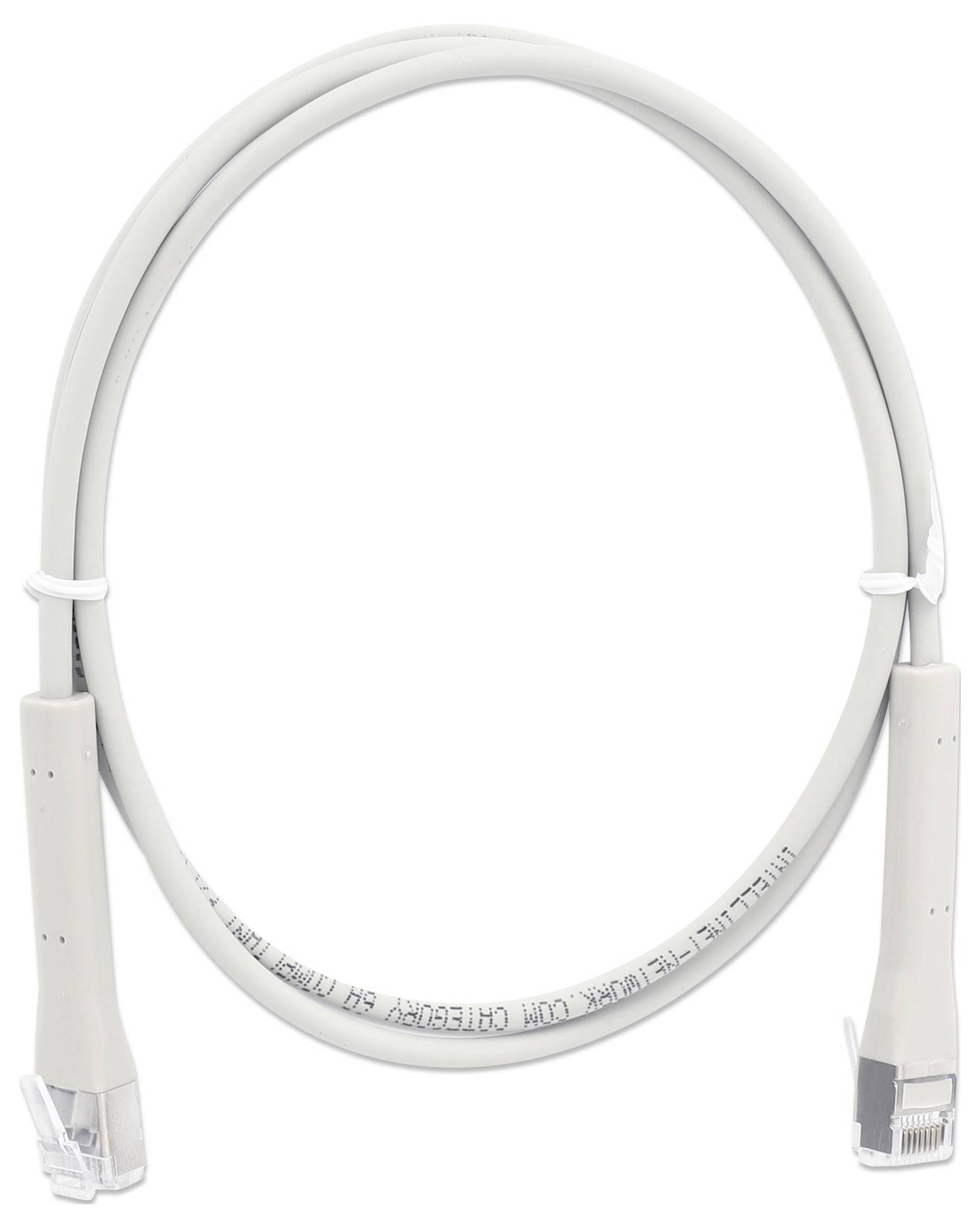 Szary kabel Ethernet z wtykami RJ45 po obu stronach do podłączenia sieci.