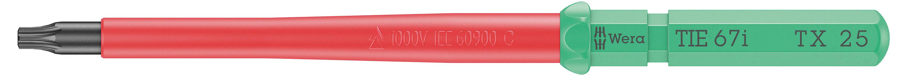 Wkrętak z zielonym uchwytem i czerwonym trzonkiem, rozmiar TX 25, przeznaczony do śrub Torx.