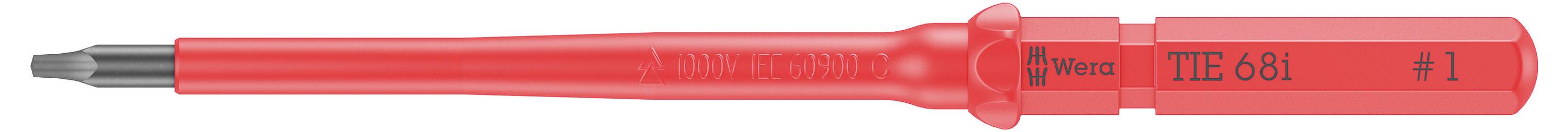 Czerwony wkrętak z czarną końcówką z napisem 'TITR-601 #1' na rękojeści, odizolowany na białym tle.