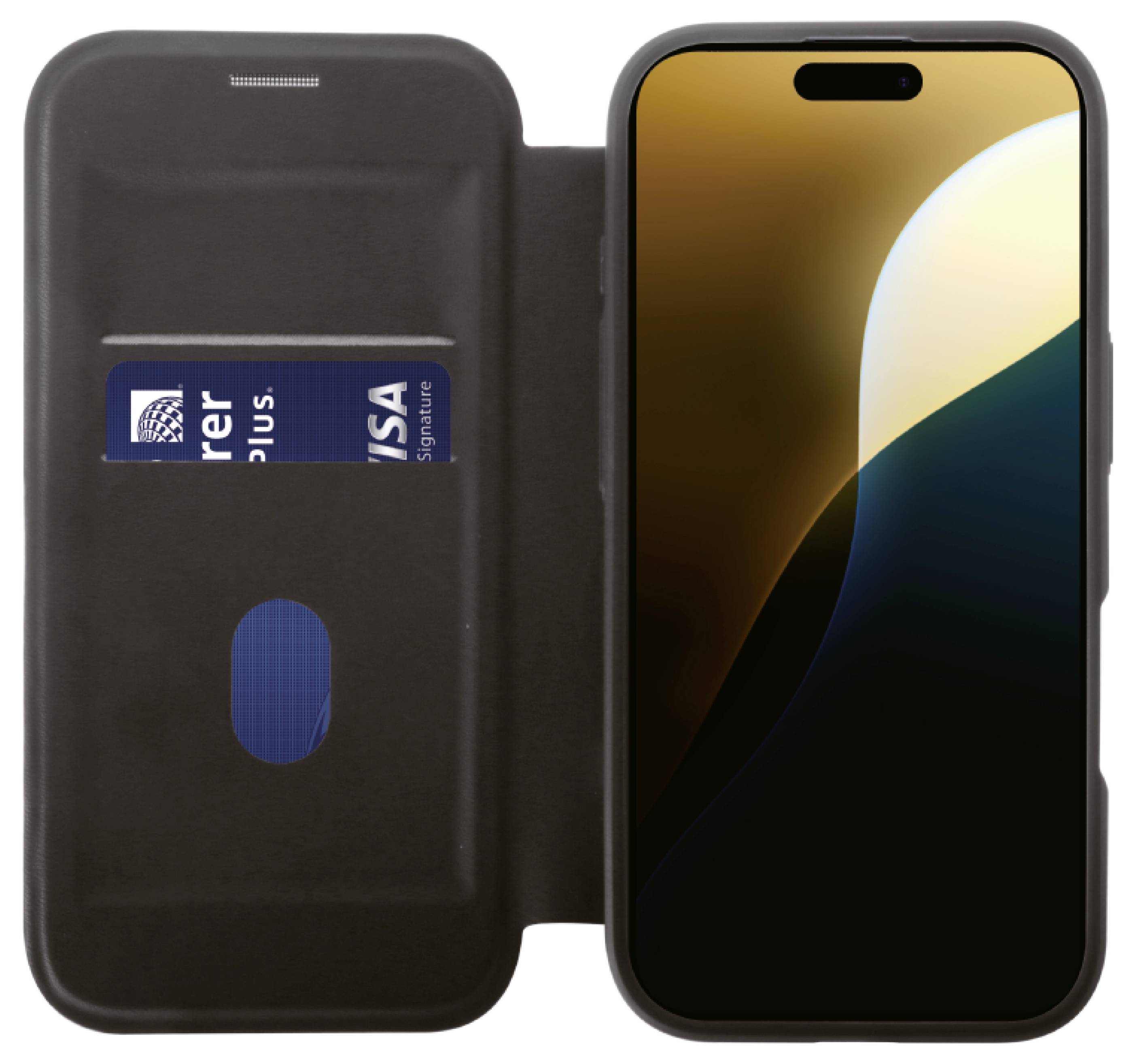 Poręczny pokrowiec w czarnej obudowie z okienkiem na kartę kredytową, wyświetlacz prezentuje abstrakcyjny wzór w odcieniach żółci i błękitu.