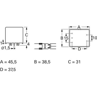 Diagram elementu elektrycznego z wymiarami: A = 45,5, B = 38,5, C = 31, D = 37,5; odległość między pinami: Ø1,5 mm, wysokość: 4 mm.