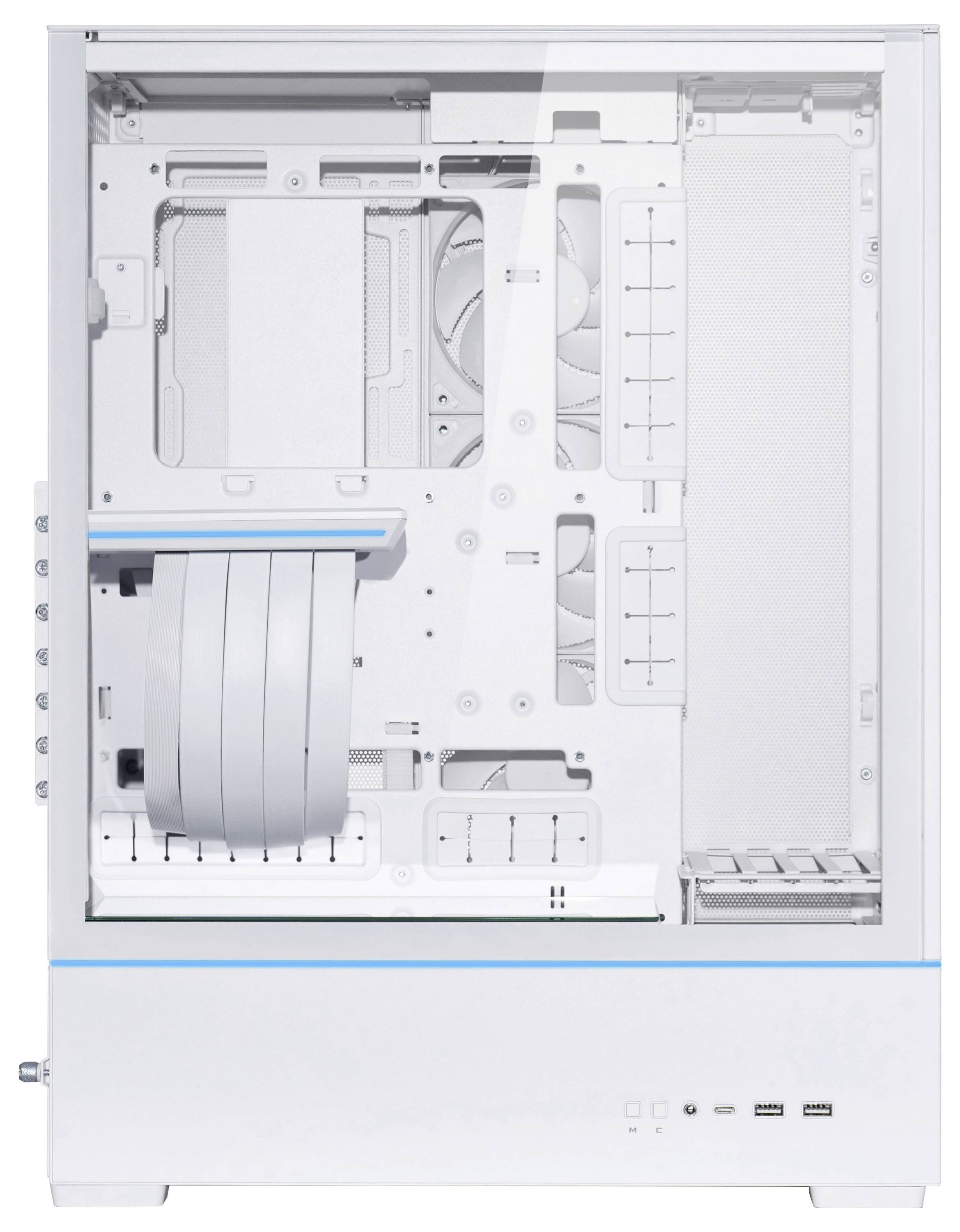 Białe obudowie komputera, widok od przodu. Widoczne pozycje wentylatorów i sloty rozszerzeń, kompatybilne z płytami głównymi ATX.