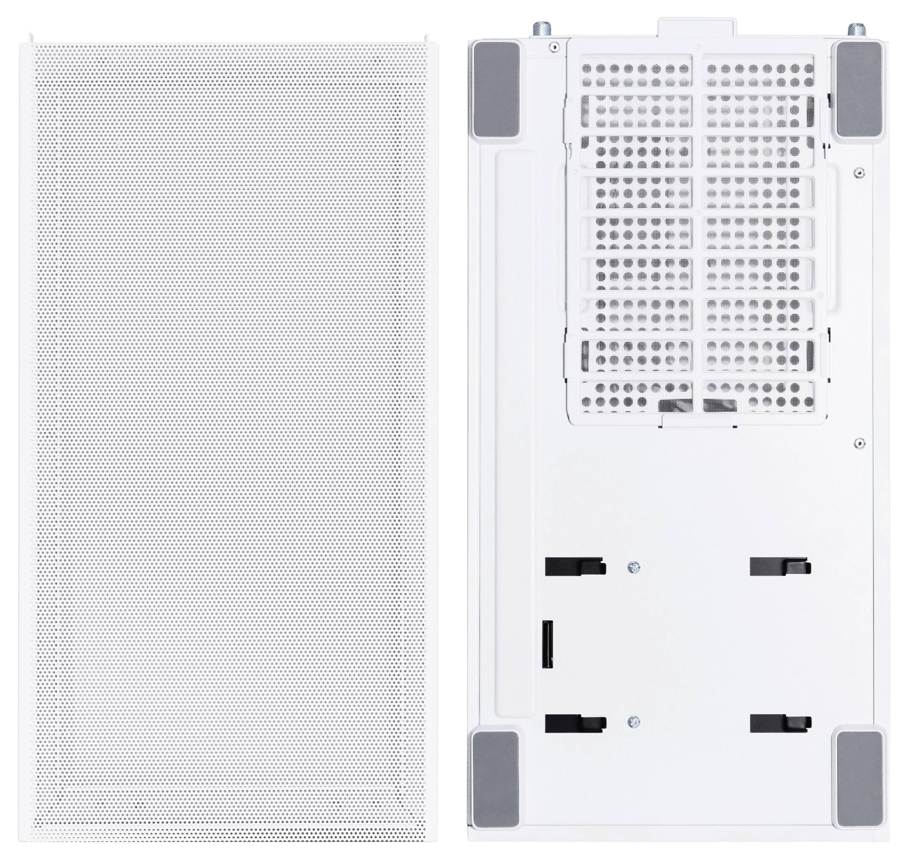 Dwa widoki białego urządzenia elektronicznego: po lewej stronie perforowana przednia część, po prawej stronie tylna ściana z portami i kratkami wentylacyjnymi.