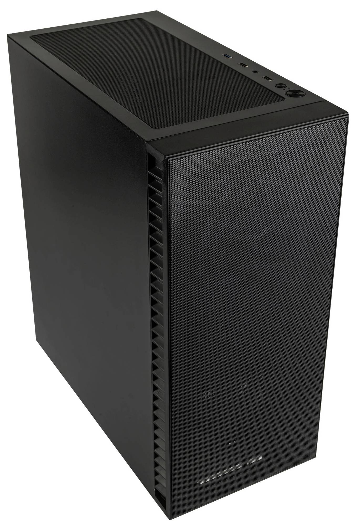 Czarna obudowa komputera z otworami wentylacyjnymi i złączami na górze. Odpowiednia do budowy komputerów stacjonarnych.