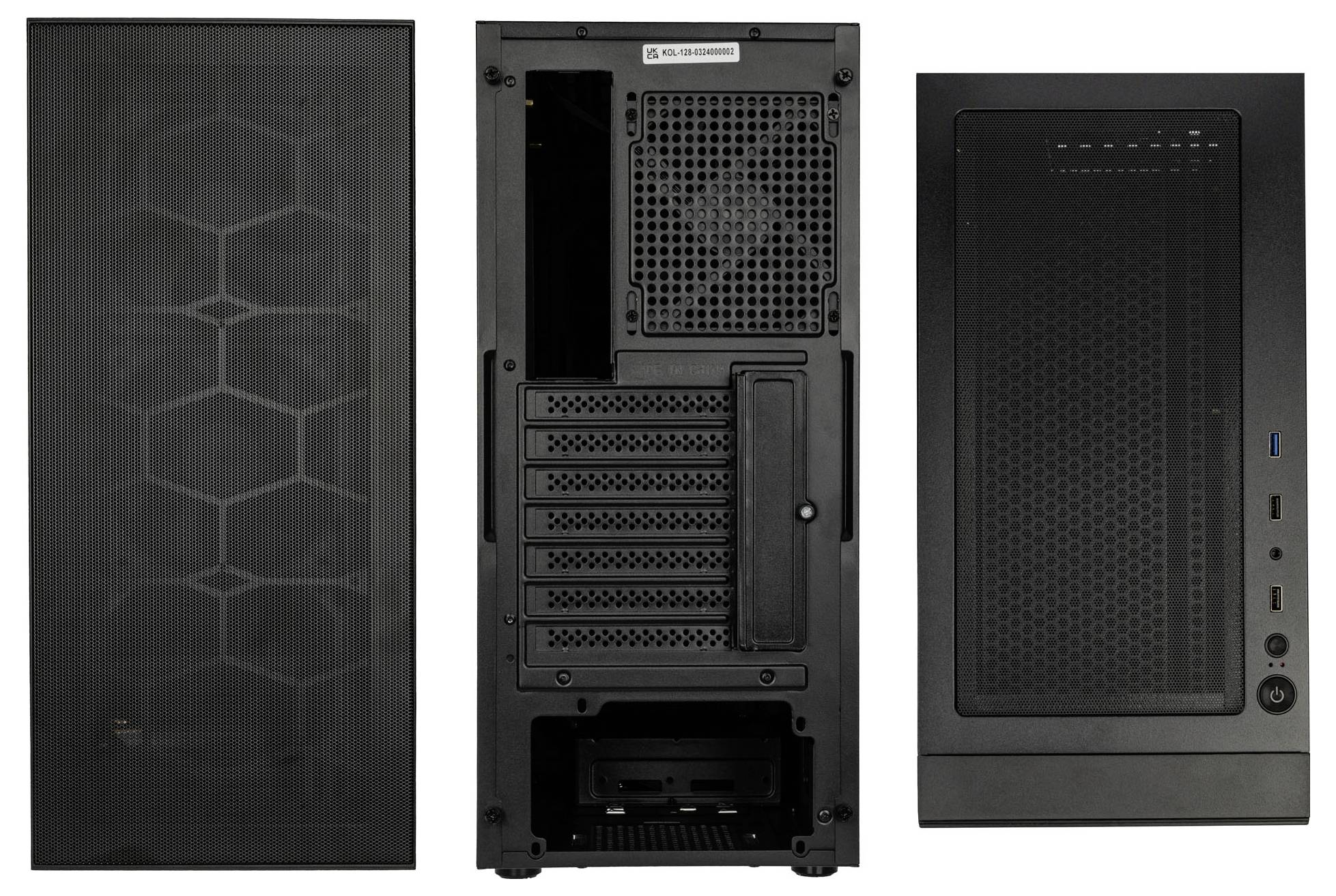 Widok przedni i tylny czarnej obudowy komputerowej z wieloma otworami wentylacyjnymi, portami USB oraz slotami rozszerzeń.