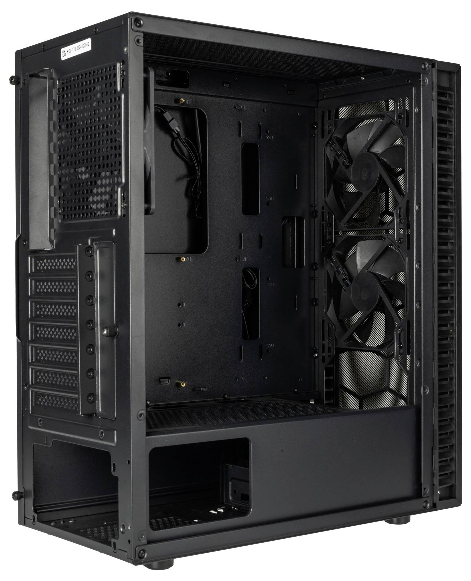Czarna, pusta obudowa komputerowa z widocznymi wentylatorami z tyłu i na górze; odpowiednia do instalacji podzespołów komputerowych.