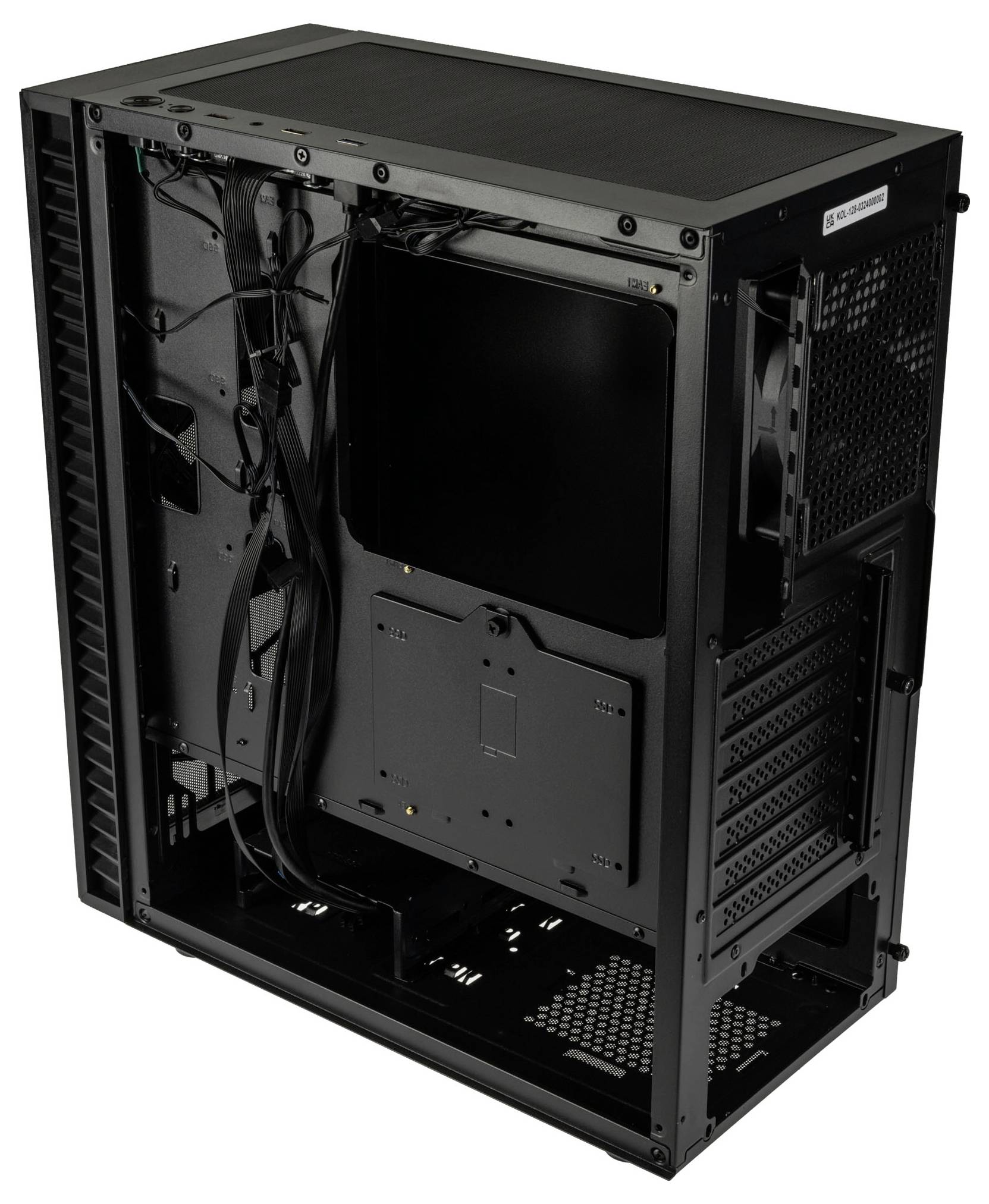 Otwarta obudowa komputera od tyłu, ukazująca puste sloty, opcje prowadzenia kabli oraz otwory wentylacyjne.