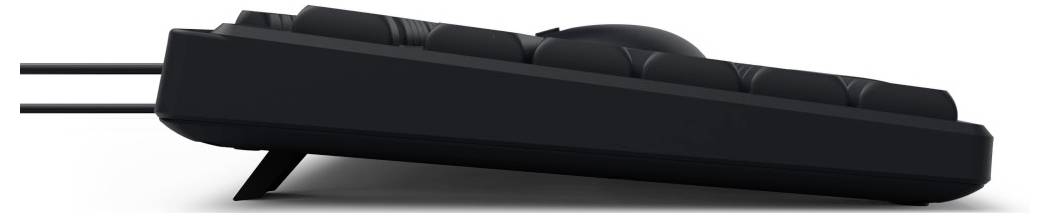 Widok z boku czarnej myszy komputerowej w pochylonej pozycji z podświetlanym kółkiem przewijania oraz dwoma złączami kablowymi.