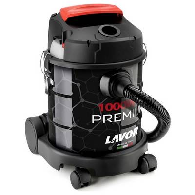Czarny odkurzacz z czerwonym uchwytem i wężem z boku, na którym widnieje napis '1000W Premium Lavor'.
