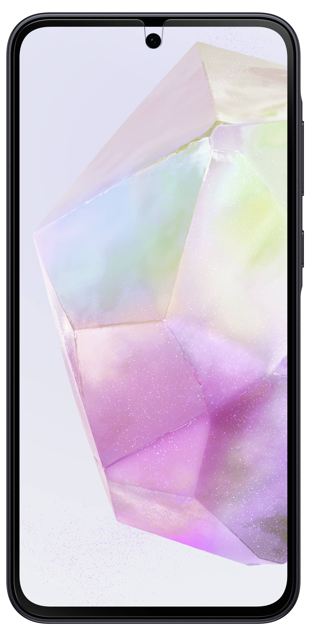 Smartfon z geometrycznym wzorem na ekranie, który lśni pastelowymi kolorami.