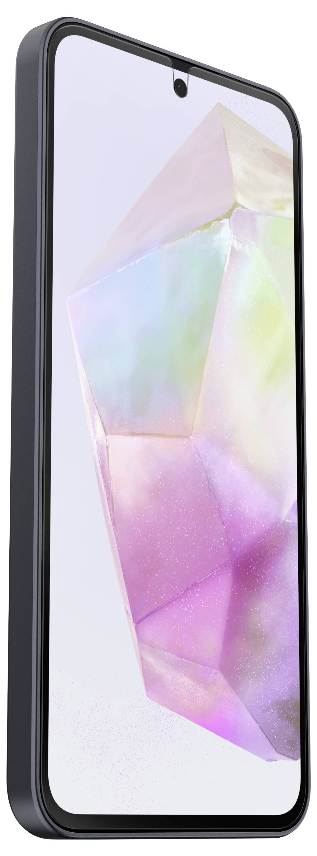 Smartfon z dużym ekranem na tle geometrycznego wzoru w pastelowych kolorach. Widok urządzenia z boku.