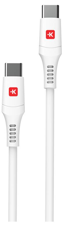 Kabel USB-C z logo marki, biała osłona, okrągłe wtyki, odpowiednie do przesyłania danych i ładowania.