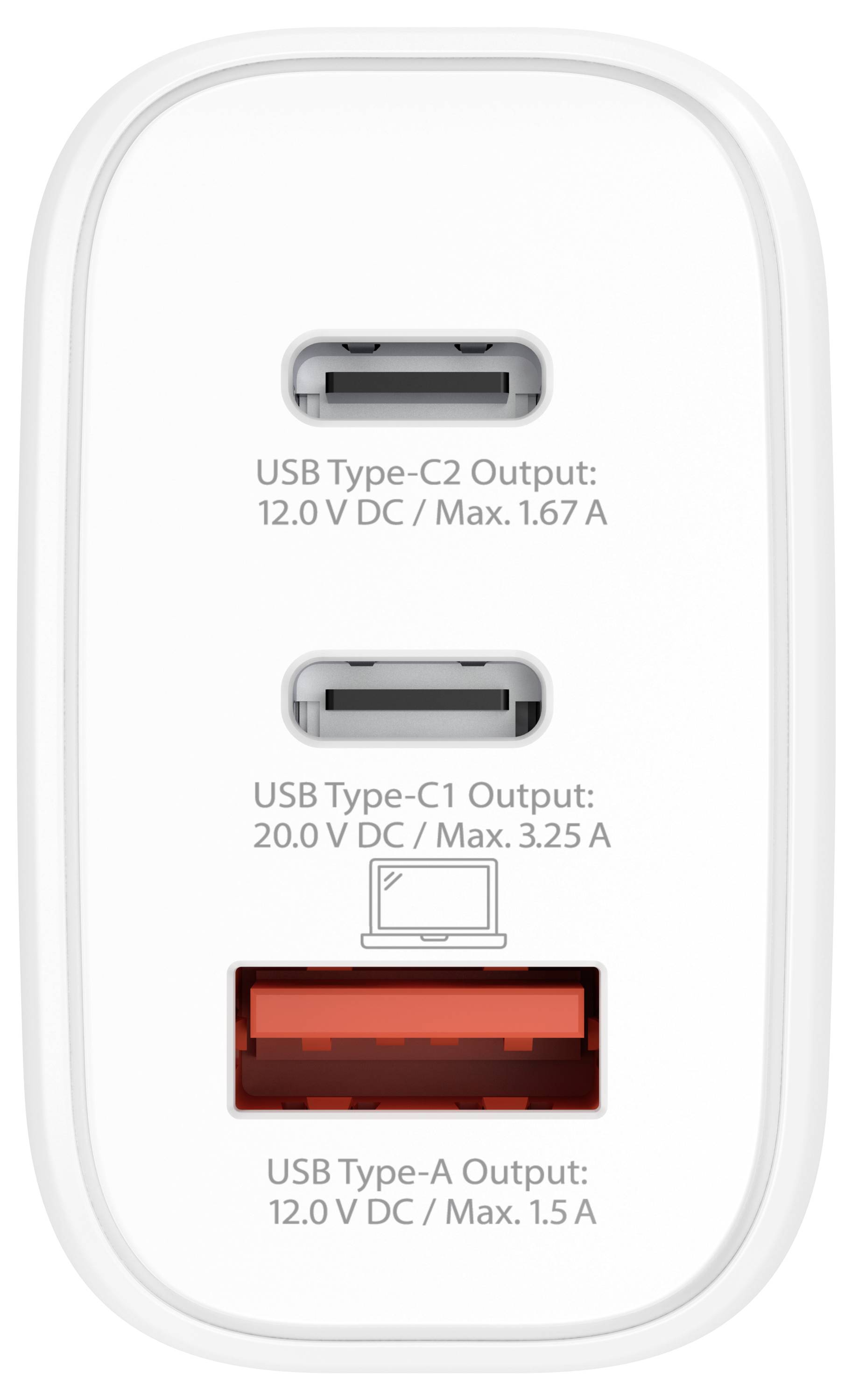 Ładowarka z trzema portami USB: dwa porty USB-C (12V, 1,67A i 20V, 3,25A) oraz jeden port USB-A (12V, 1,5A).