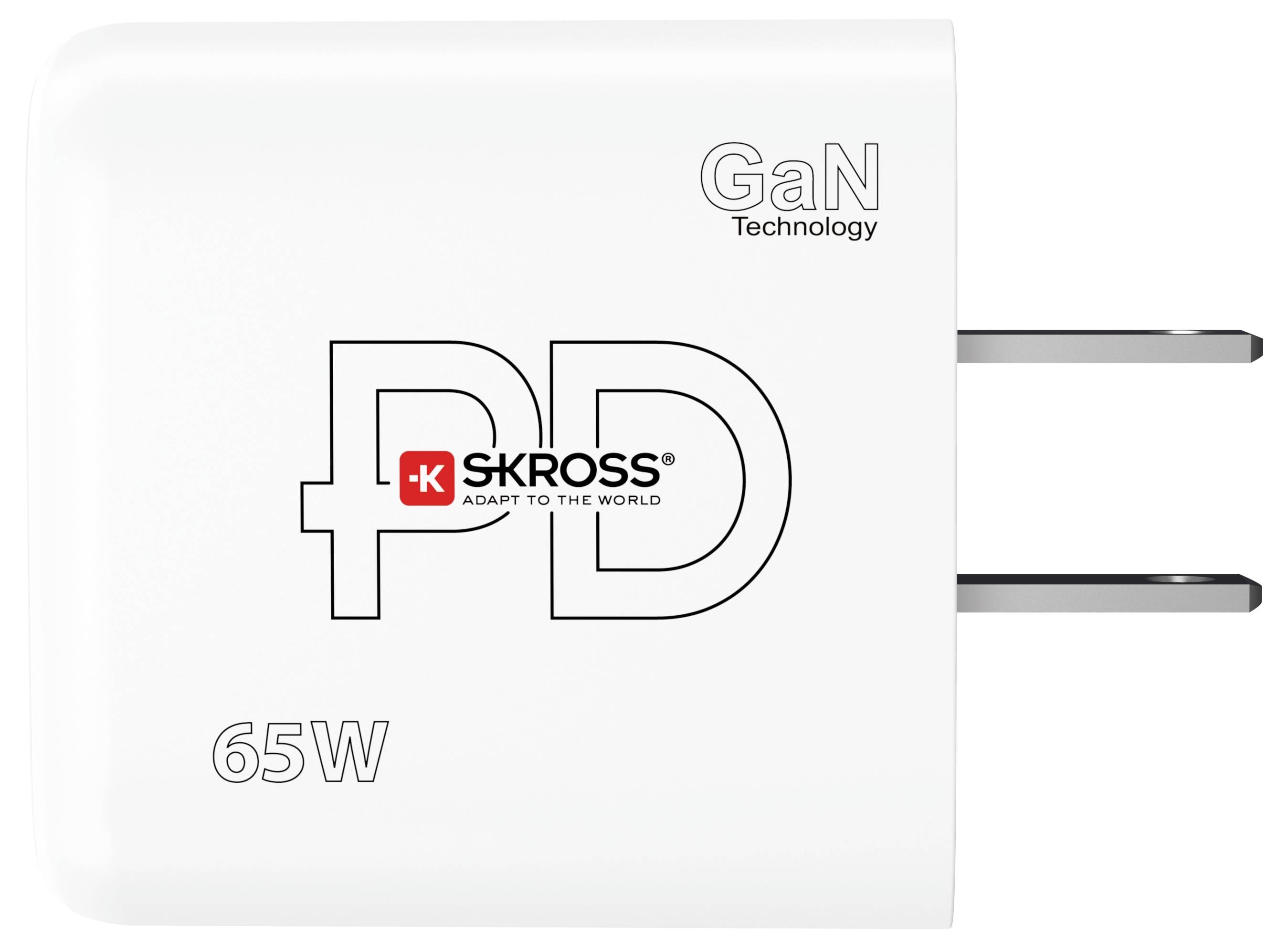 Biała ładowarka z logo 'SKROSS', napisem 'PD 65W' i 'GaN Technology', z wtyczką sieciową po prawej stronie.