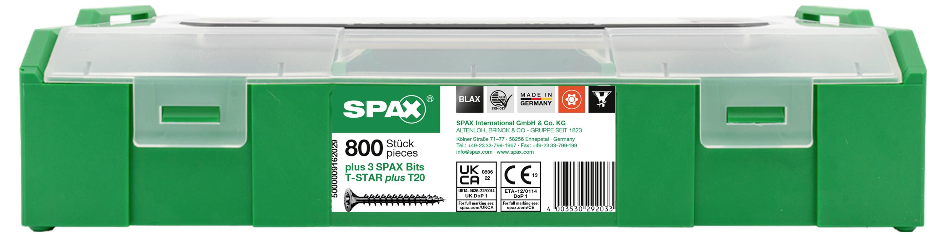 Zielony plastikowy kufer z przezroczystą pokrywą, marka 'SPAX', zawiera 800 śrub oraz bit T25. Oznaczenie CE widoczne.