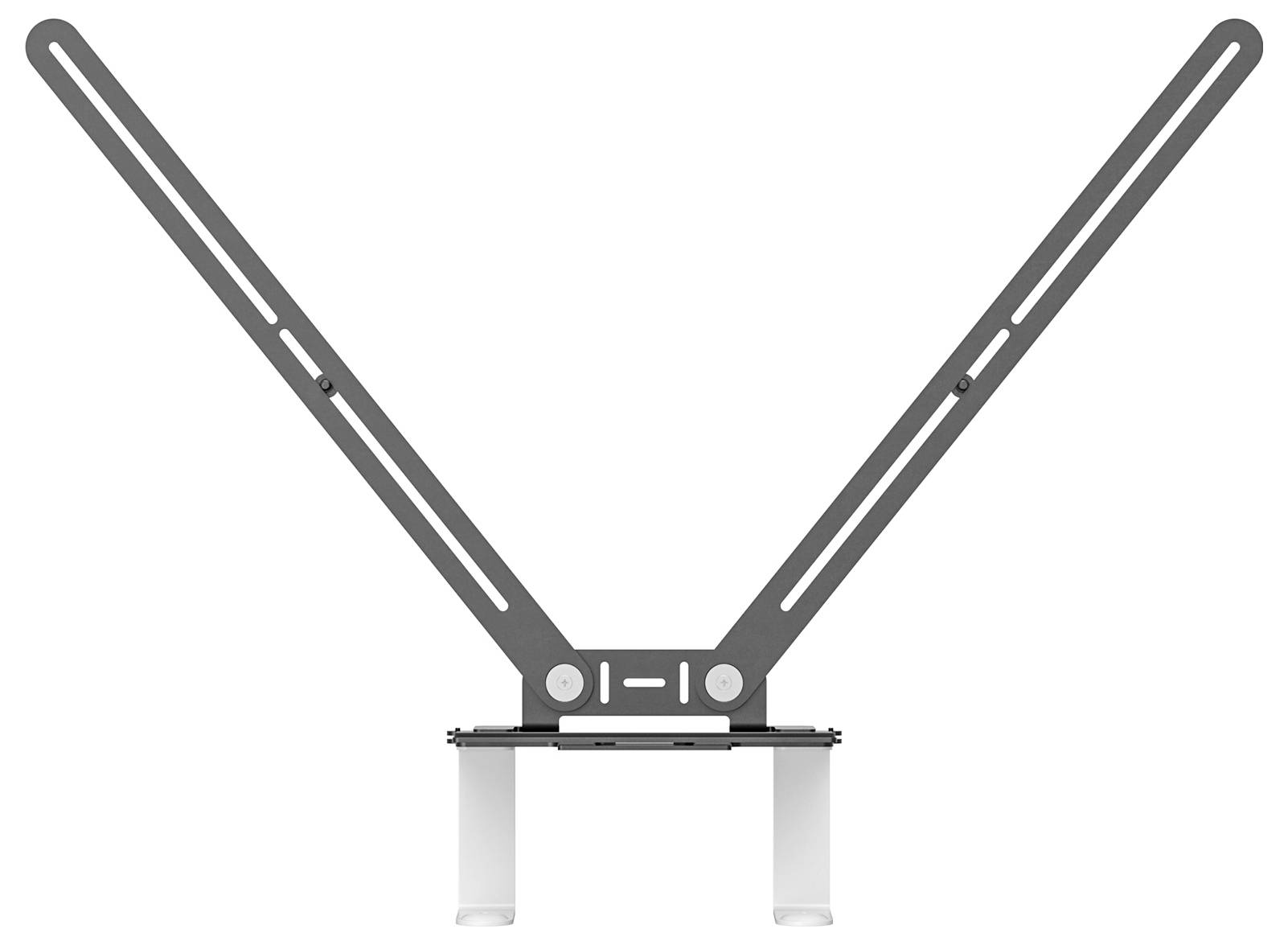 Metalowy stojak na laptopa w kształcie litery V z dwoma długimi, wyposażonymi w szczeliny ramionami oraz stabilną podstawą, zapewniający lepszą wentylację i ergonomię.