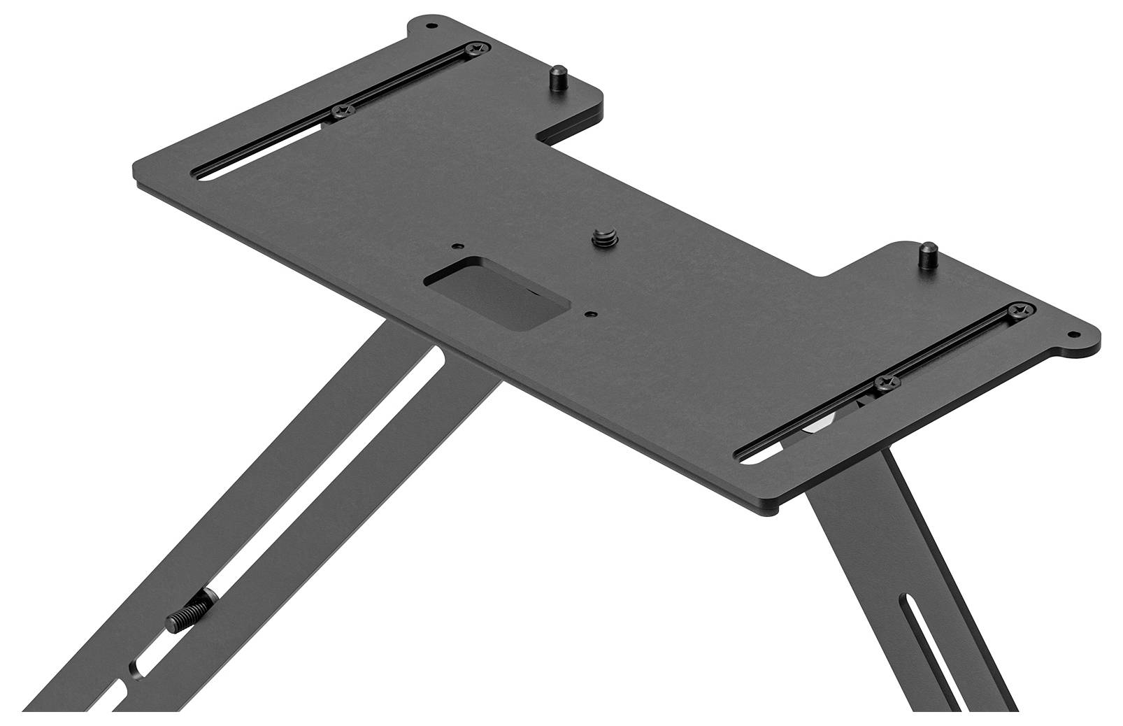 Metalowa, czarna podstawka do laptopa, regulowana pod różnymi kątami, osadzona na stabilnej podstawie.