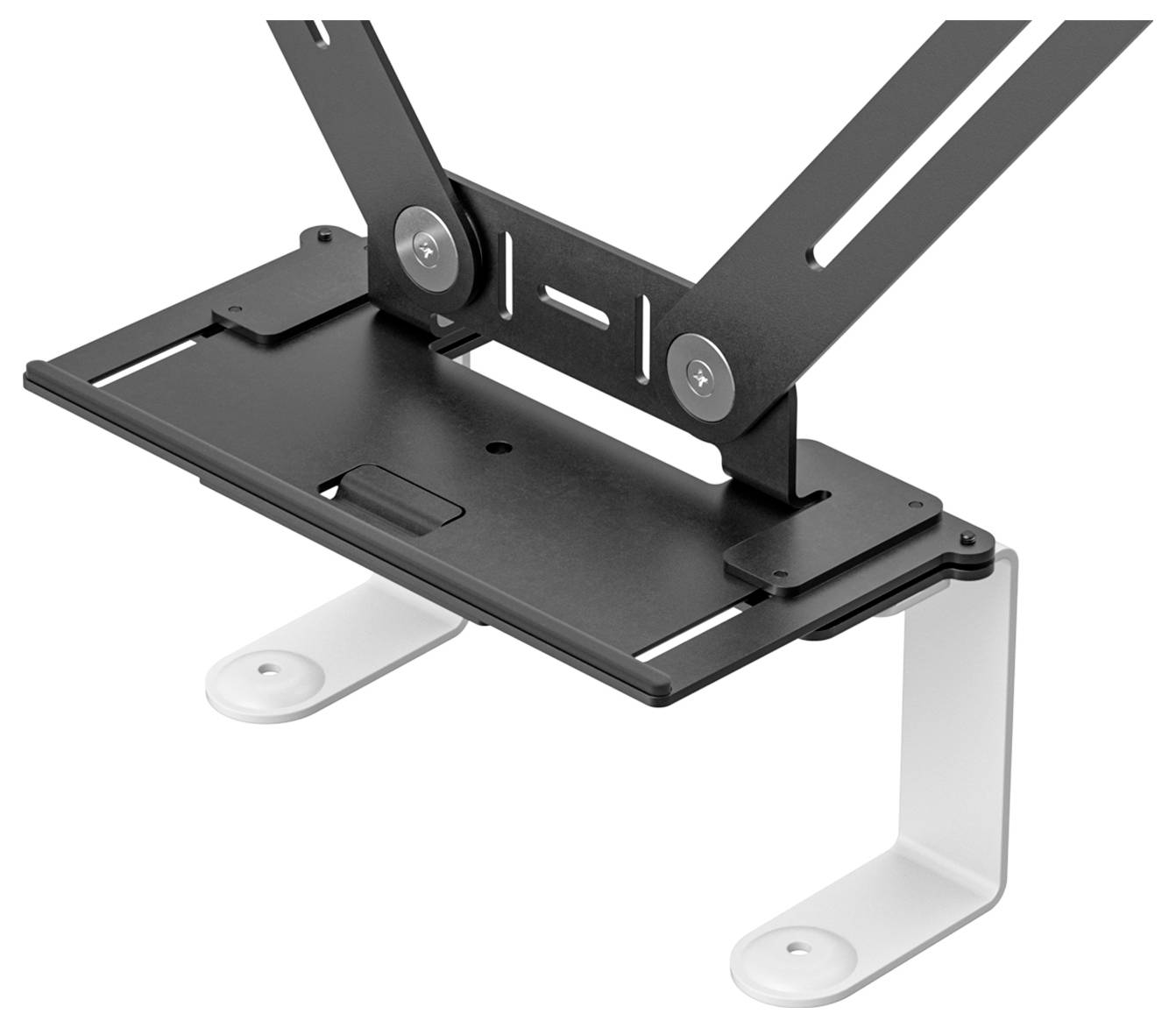 Regulowany, czarny stojak metalowy, prawdopodobnie przeznaczony do elektronicznych urządzeń, z białymi elementami mocującymi u podstawy.