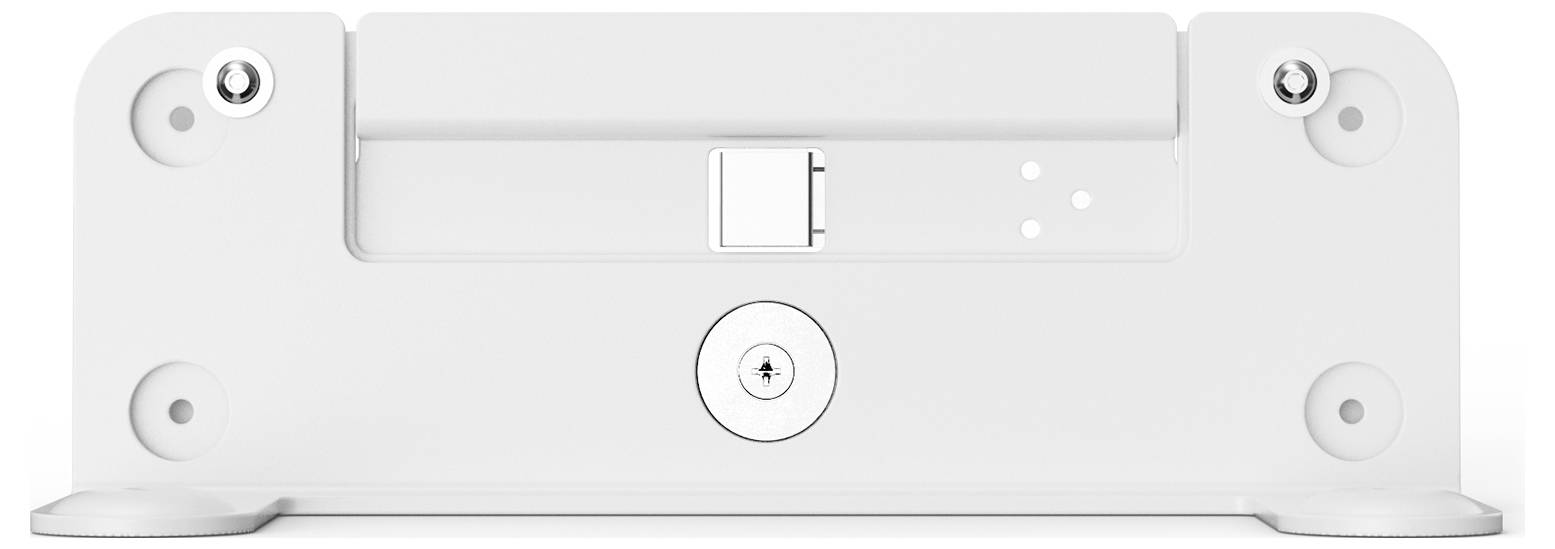 Białe metalowe stanowisko montażowe, widok z przodu. Dwa otwory na śruby u góry, centralna wkładka zamka, płaska powierzchnia.