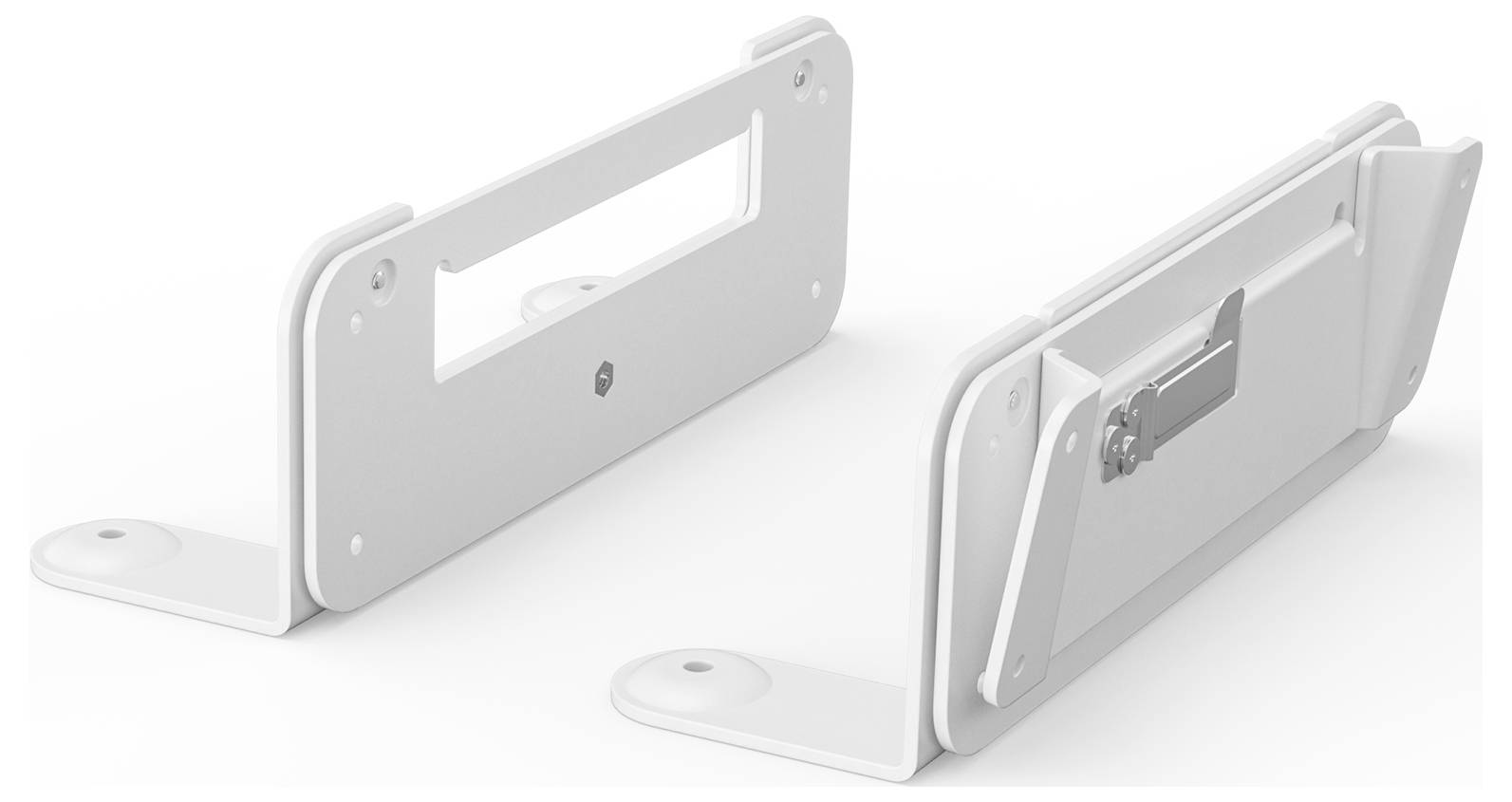 Dwie białe wsporniki montażowe ustawione obok siebie. Jeden pokazuje przednią stronę, drugi tylną stronę z zawiasem.