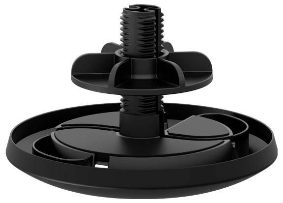 Czarny plastikowy stopka z podstawą w kształcie koła i gwintem śrubowym pośrodku, prawdopodobnie element podpory mebla.