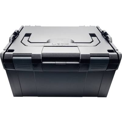 Czarna, solidna plastikowa skrzynka transportowa z napisem 'L-BOX' na pokrywie.
