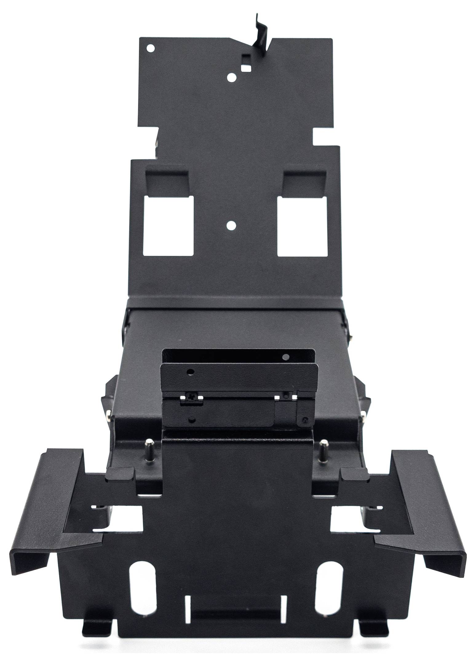 Czarna metalowa podstawa do podtrzymywania urządzeń, składająca się z wielu platform i otworów montażowych.