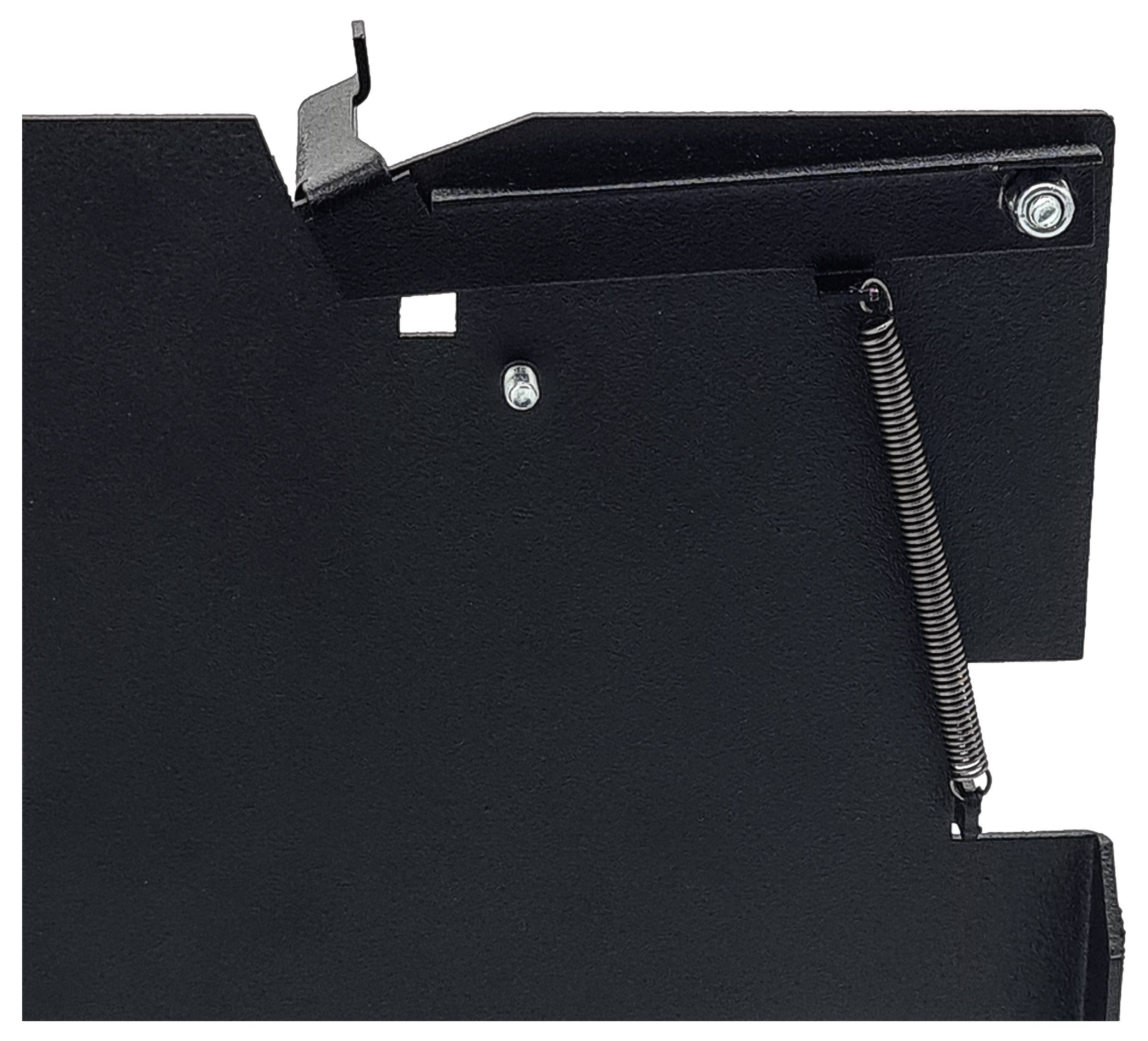 Czarny element metalowy z mechanizmem sprężynowym i śrubami z boku; szczegółowe zdjęcie techniczne.