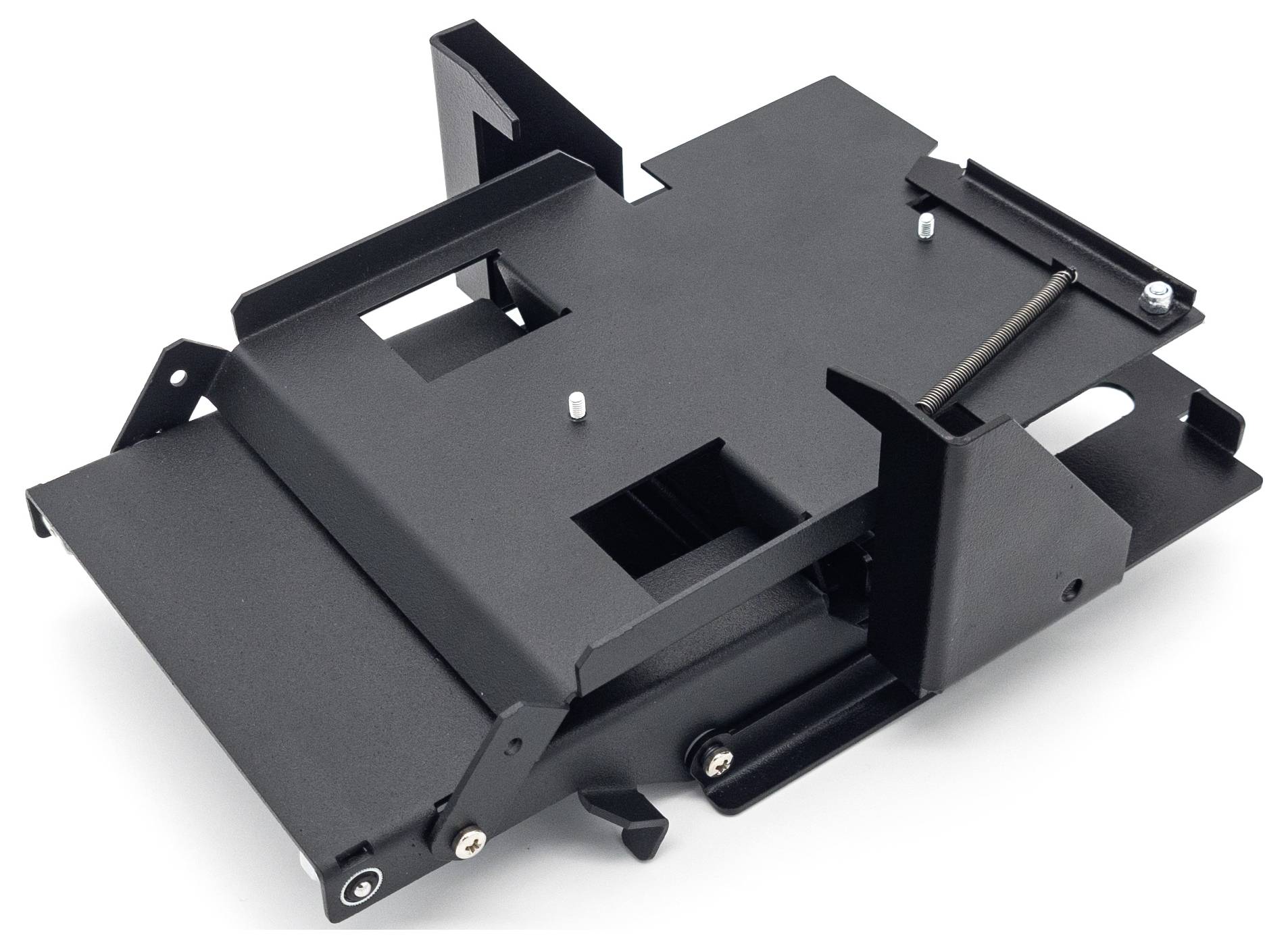 Czarna metalowa rama, prawdopodobnie moduł montażowy do pojazdu lub urządzenia, z śrubami i mocowaniami do zamocowania.