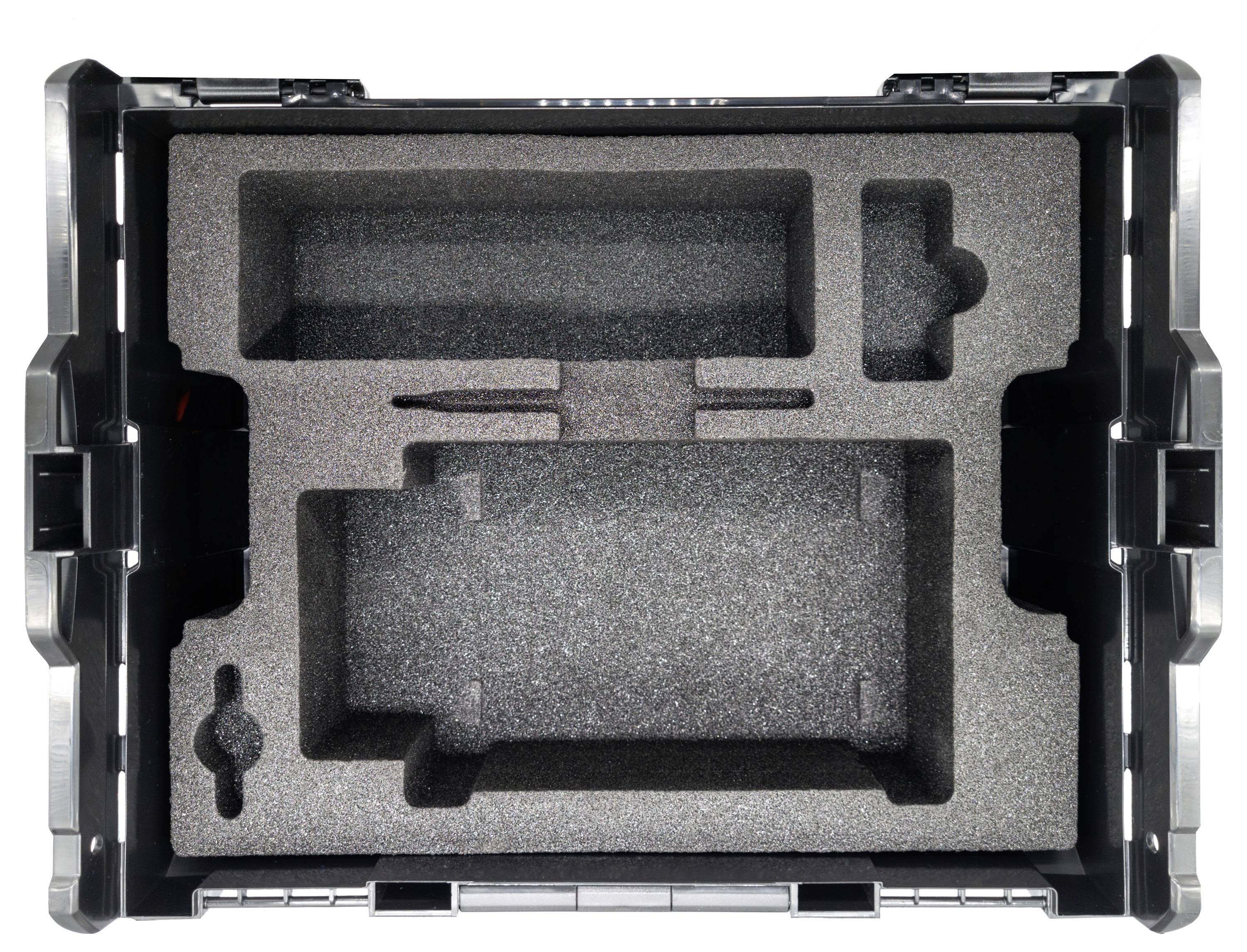 Pusta wkładka z pianki w czarnym plastikowym pudełku z wieloma przegródkami na narzędzia lub urządzenia.