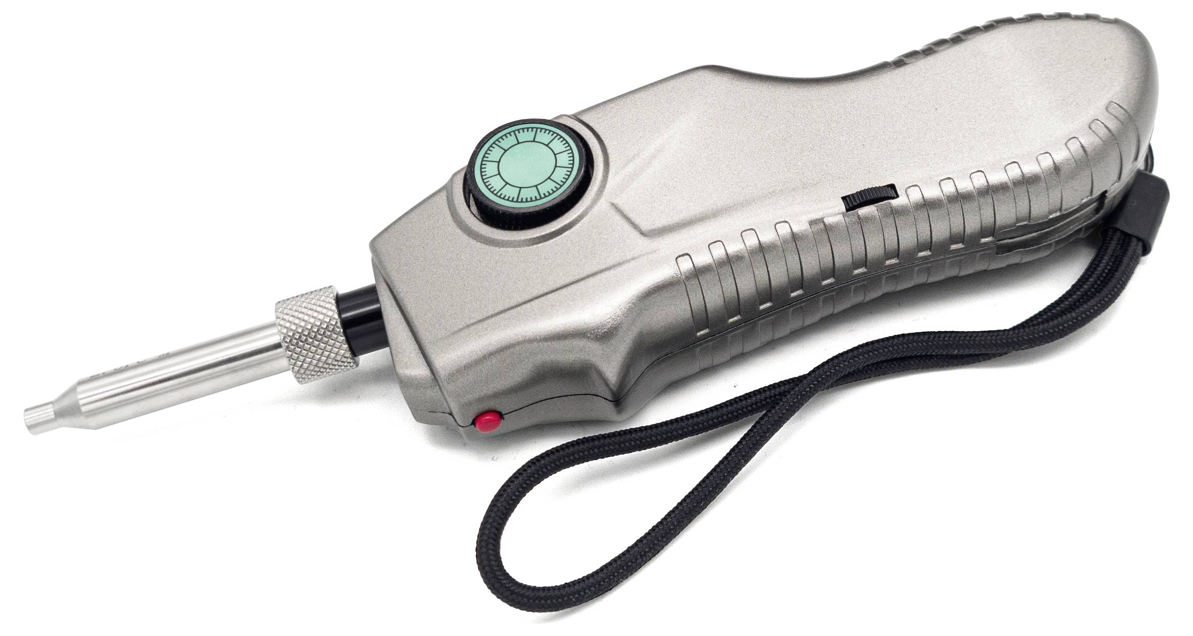 Elektryczny wkrętak z ergonomicznym uchwytem, zielonym przyciskiem i czarną pętlą na rękę, na białym tle.