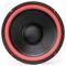 Okrągły głośnik z czerwoną krawędzią i czarną membraną, widziany z góry.