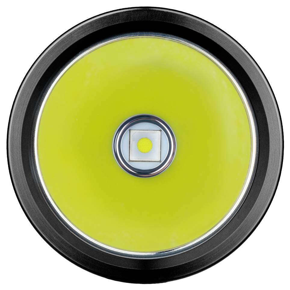 Zbliżenie żółtej lampy LED, umieszczonej centralnie, z czarną ramką.