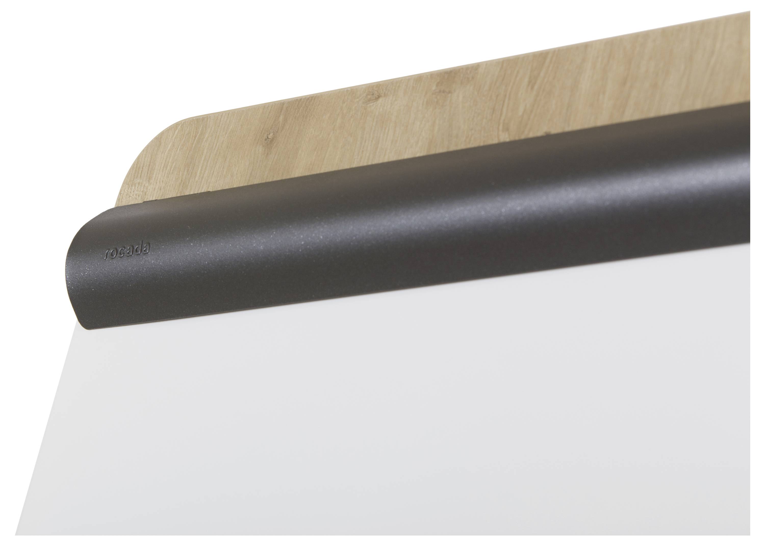 Mała tablica suchościeralna z ciemnobrązową drewnianą ramką, idealna do sporządzania notatek lub szkiców w biurze.