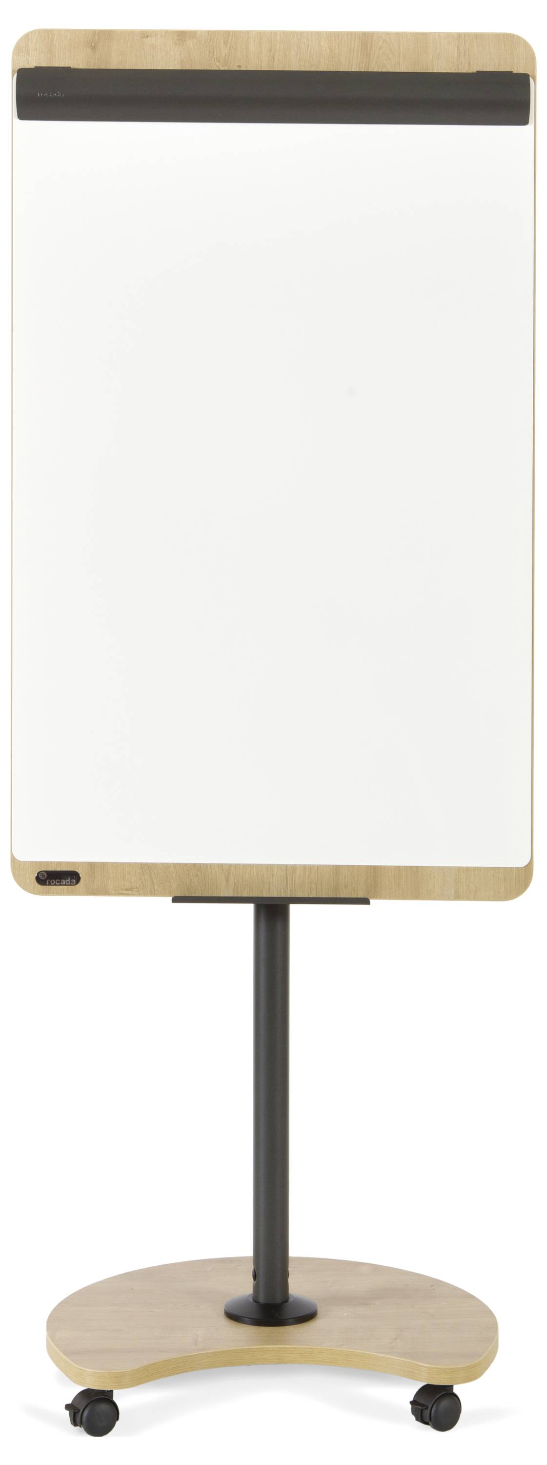 Pusta tablica flipchart na stojaku z kółkami, gotowa do prezentacji lub sporządzania notatek.