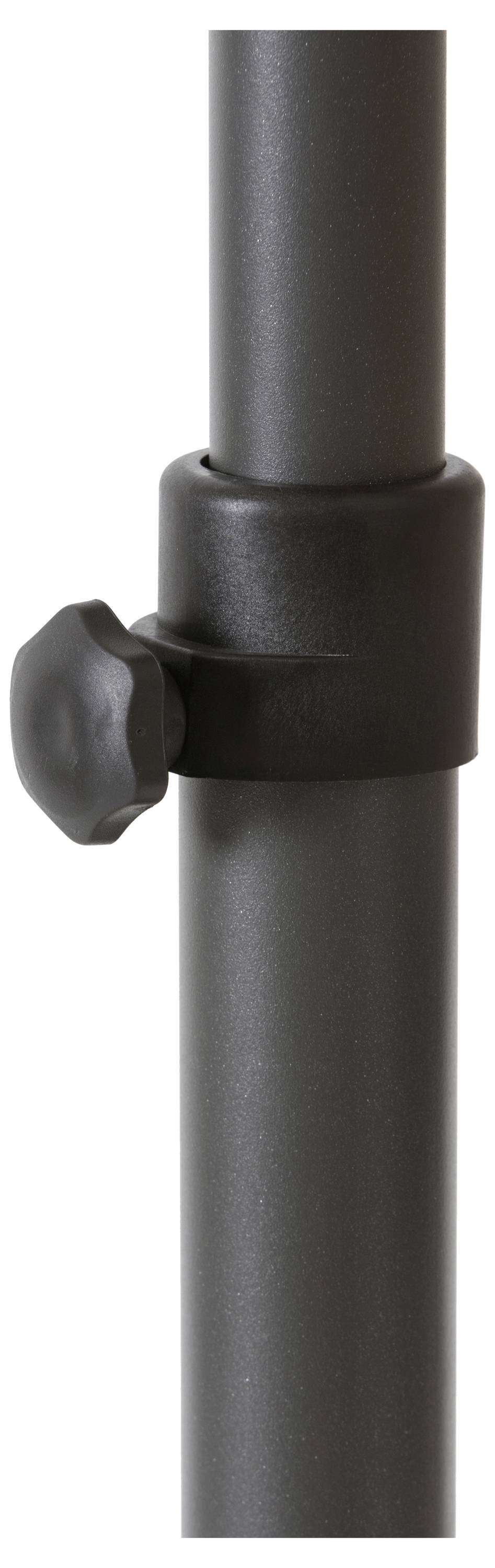 Czarne metalowe rurka z pokrętłem pośrodku służącym do regulacji wysokości, prawdopodobnie będąca częścią statywu lub uchwytu.